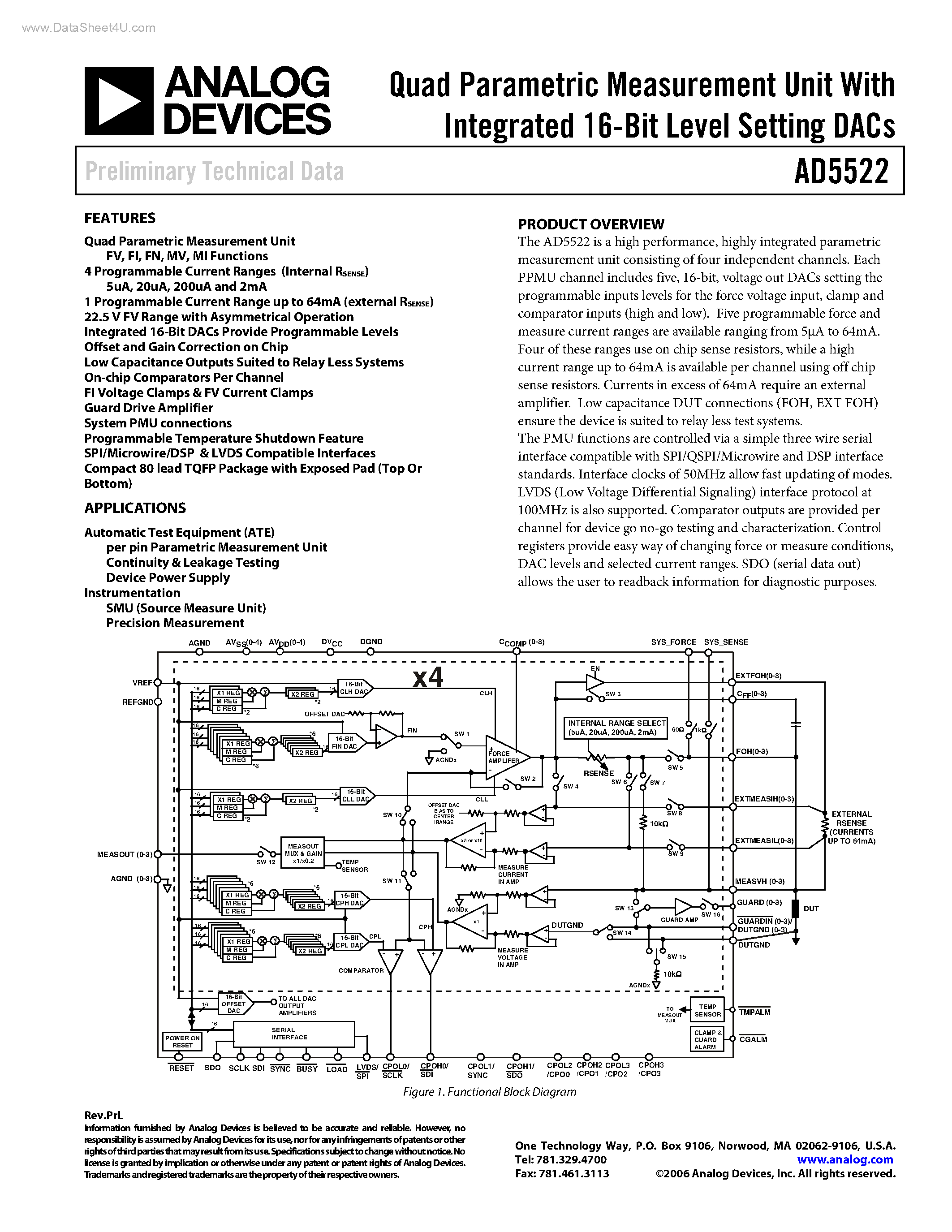 Даташит на микросхему AD5522 страница 1 Даташит AD5522 - Quad Parametric Measurement Unit страница 1