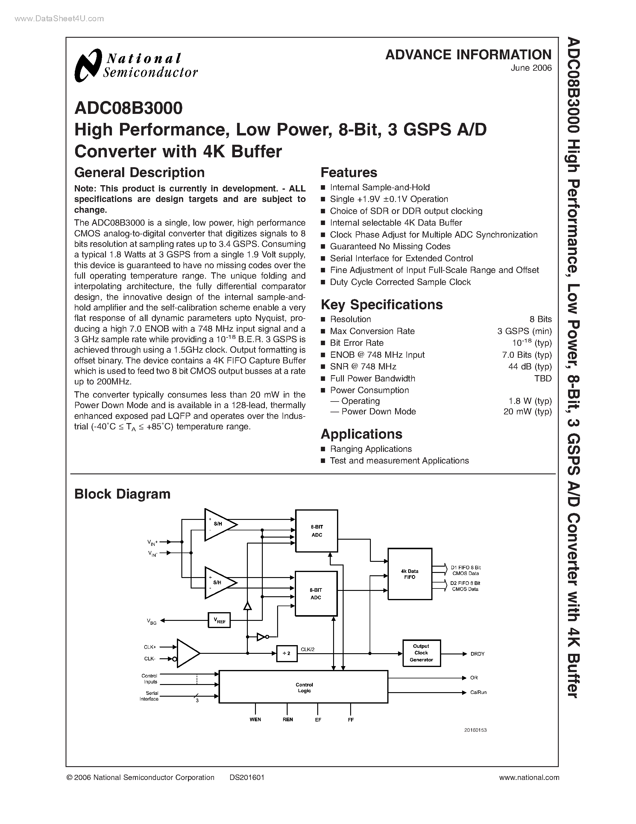Datasheet ADC08B3000 - 3 GSPS A/D Converter page 1