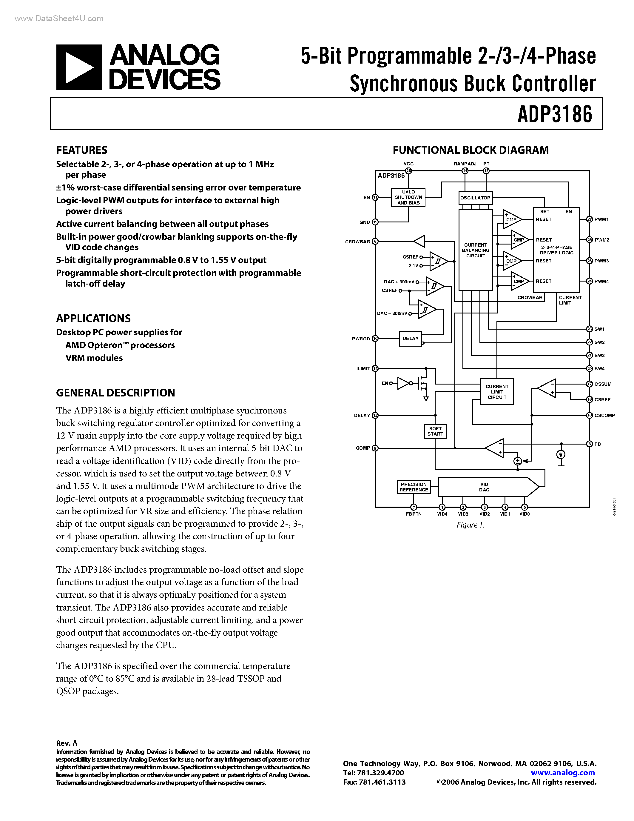 Datasheet ADP3186 - 5-Bit Programmable 2-/3-/4-Phase Synchronous Buck Controller page 1