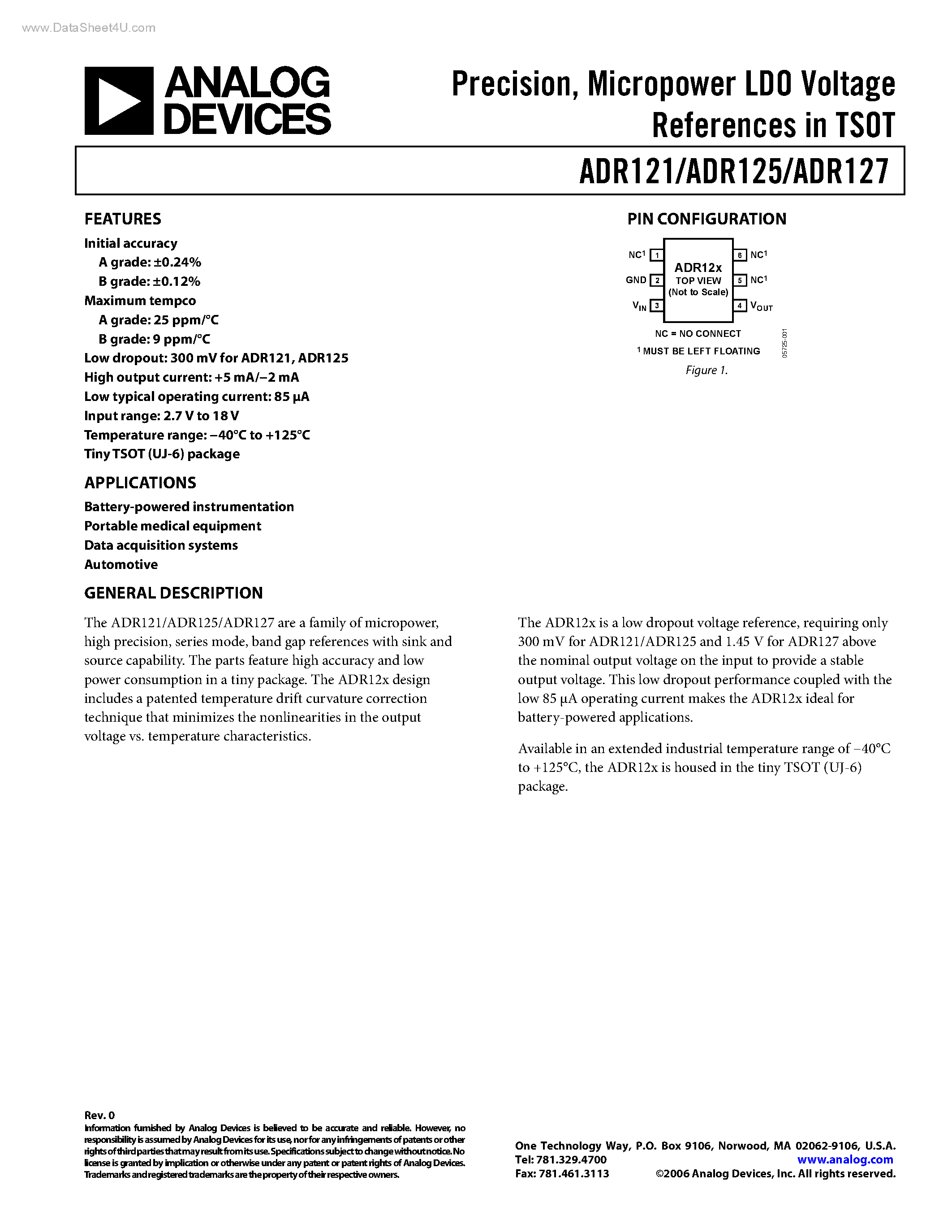 Даташит ADR121-(ADR121 - ADR127) Micropower LDO Voltage References страница 1