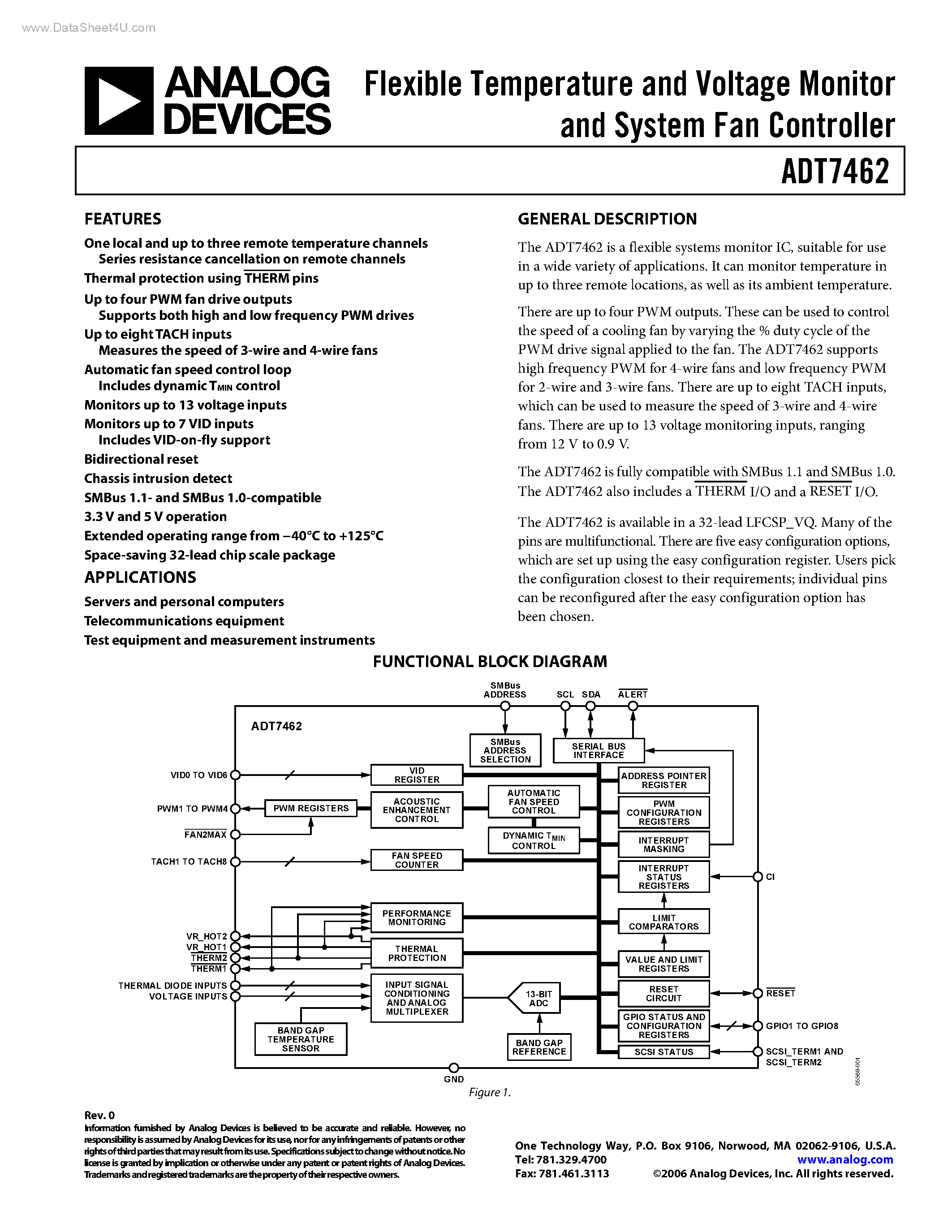 Datasheet ADT7462 - Flexible Temperature and Voltage Monitor and System Fan Controller page 1