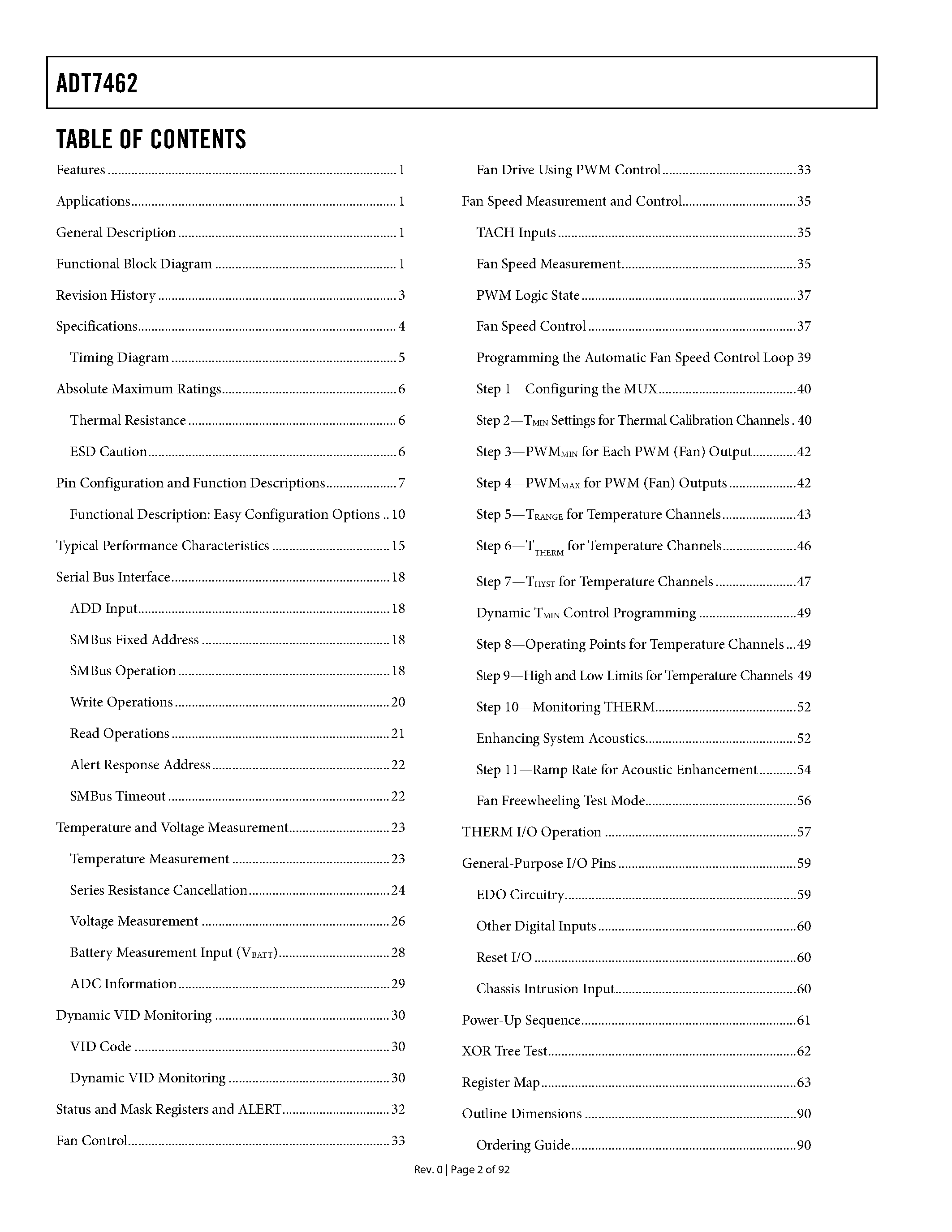 Datasheet ADT7462 - Flexible Temperature and Voltage Monitor and System Fan Controller page 2