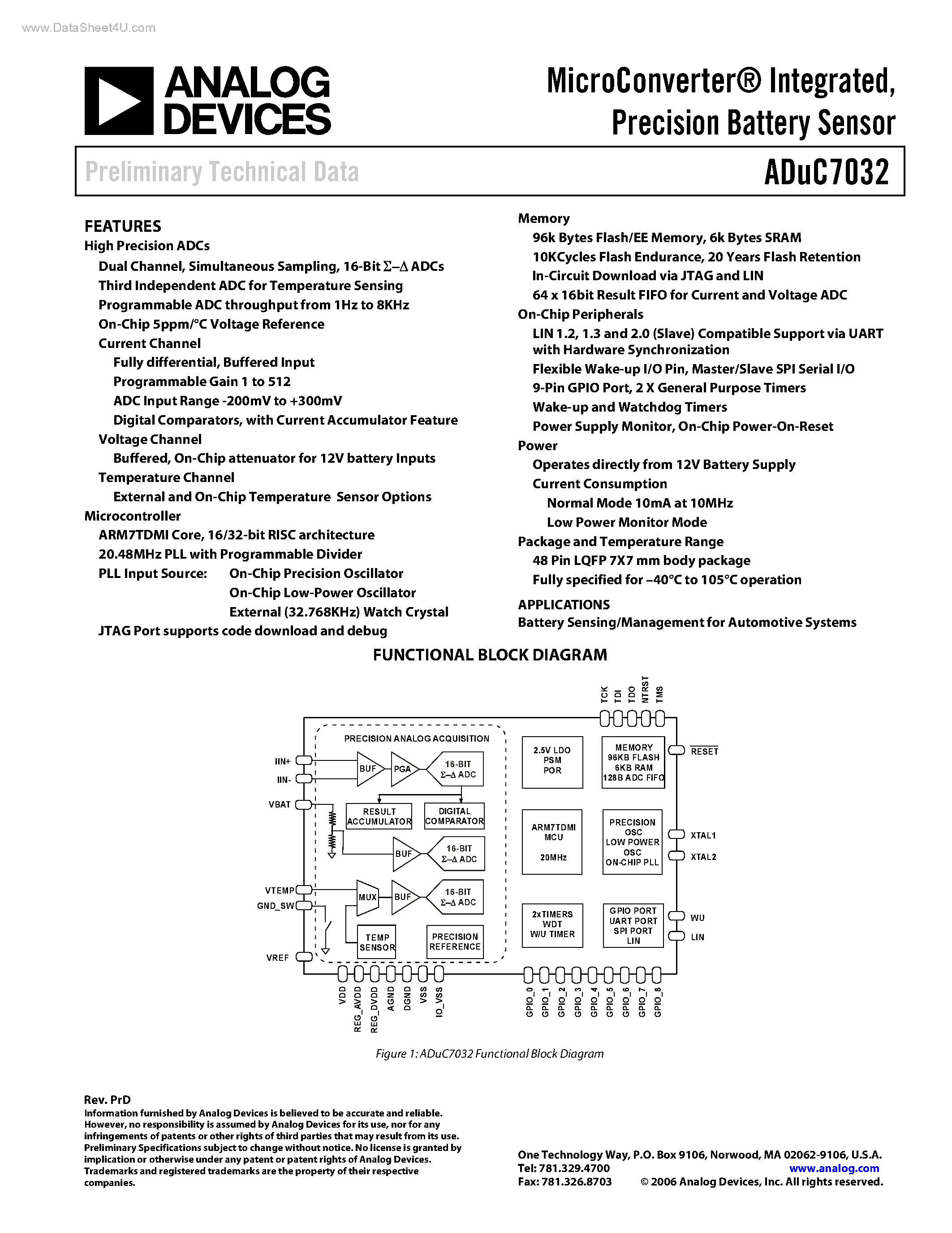 Datasheet ADUC7032 - Precision Battery Sensor page 1