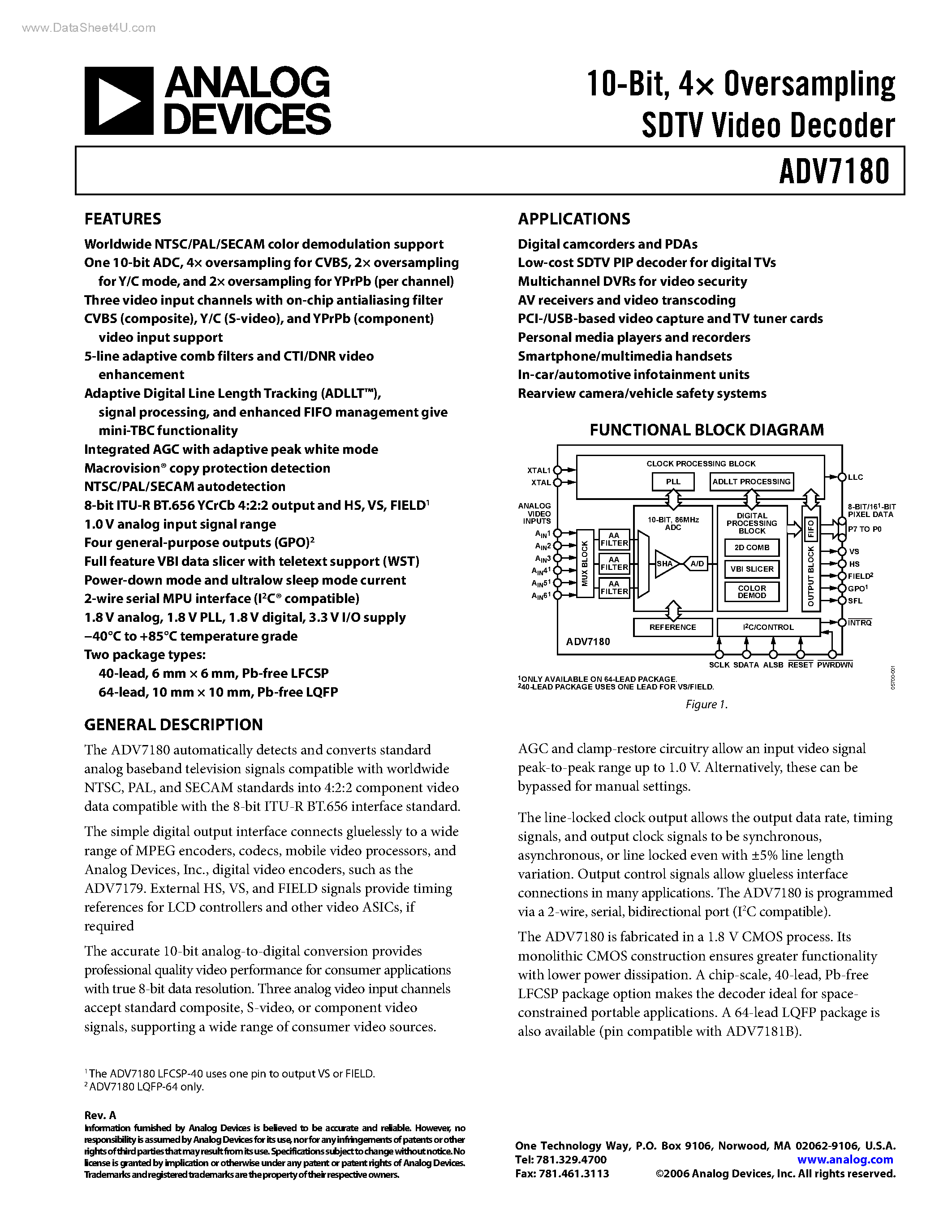 Даташит ADV7180 - 4 x Oversampling SDTV Video Decoder страница 1