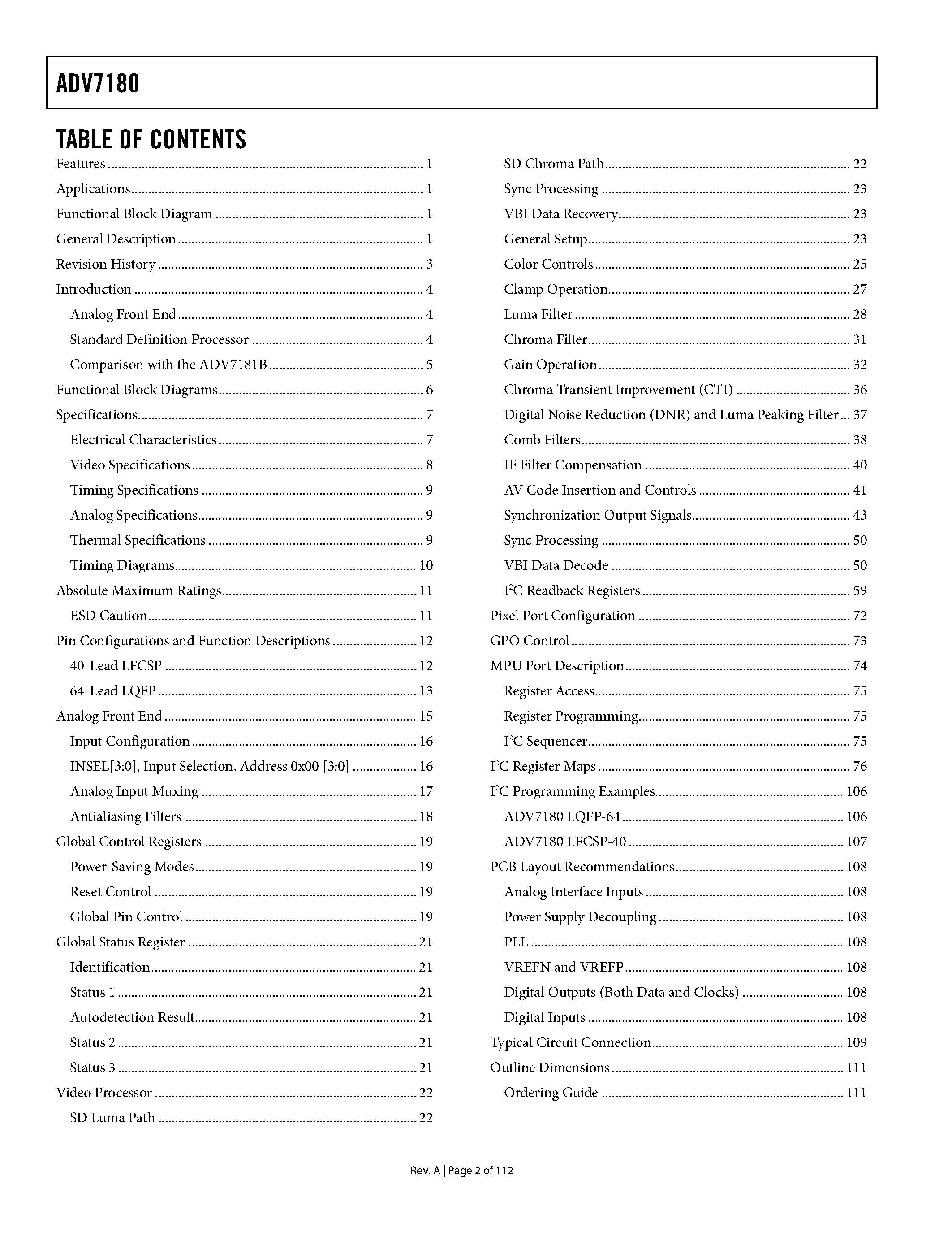 Даташит ADV7180 - 4 x Oversampling SDTV Video Decoder страница 2