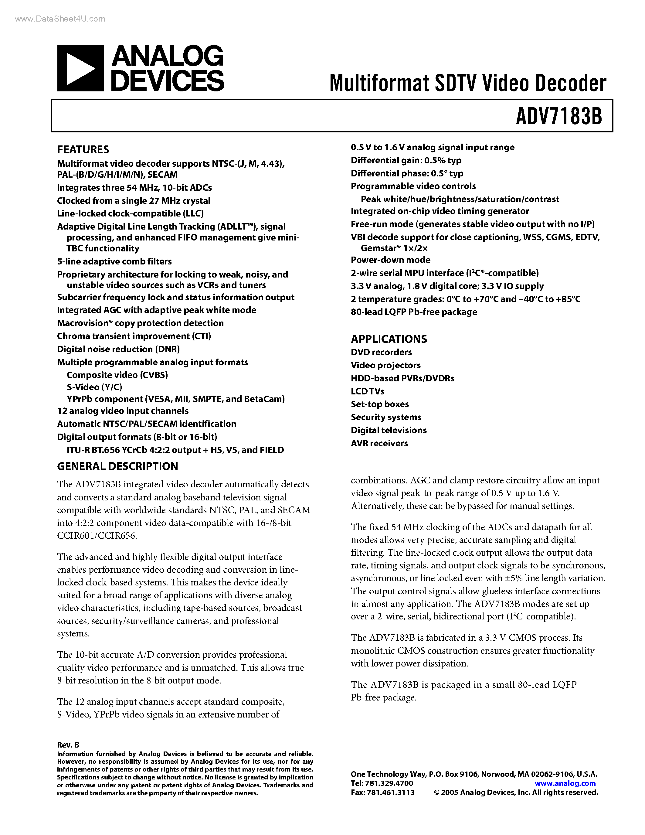 Даташит ADV7183B - Multiformat SDTV Video Decoder страница 1