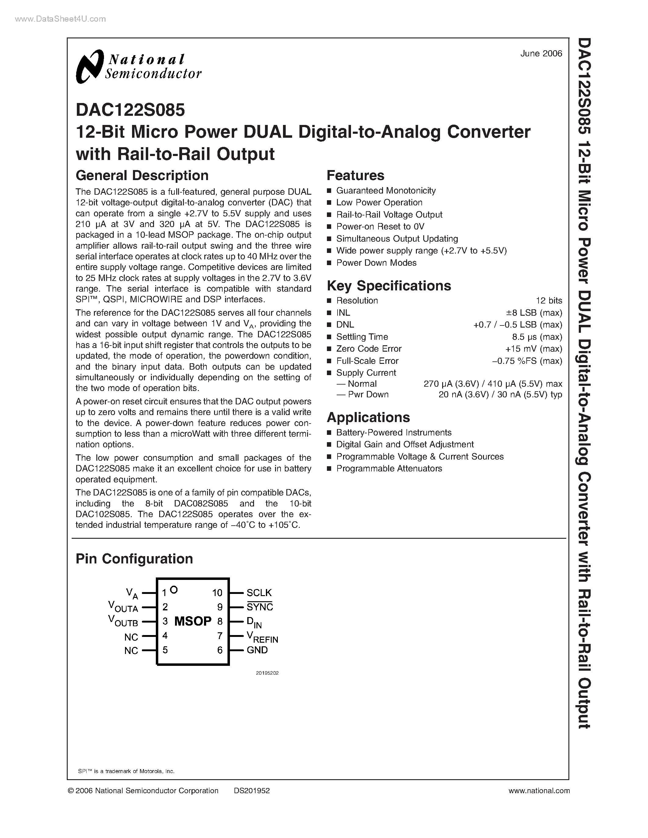 Datasheet DAC122S085 - 12-Bit Micro Power DUAL Digital-to-Analog Converter page 1