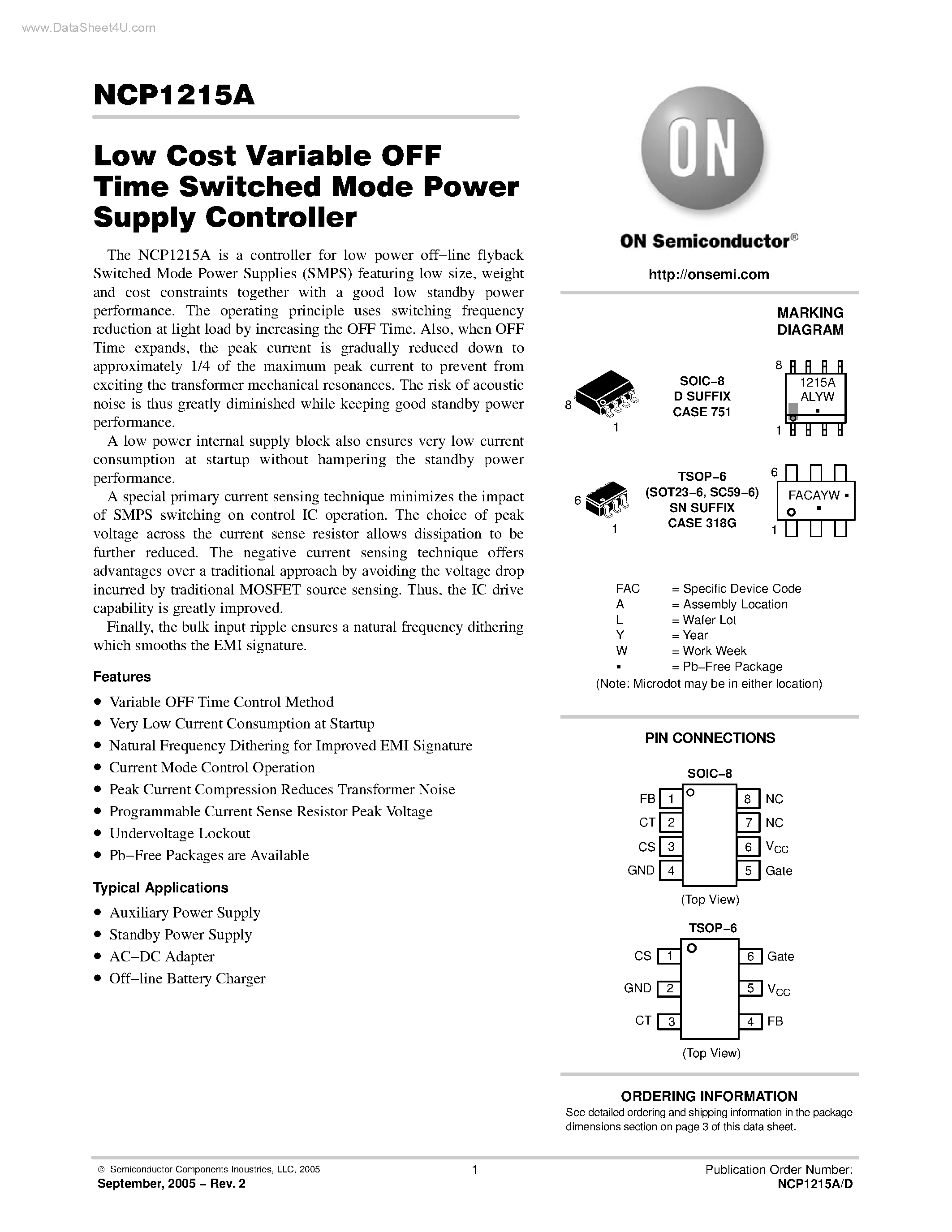 Datasheet NCP1215A page 1 Datasheet NCP1215A - Low Cost Variable OFF Time Switched Mode Power Supply Controller page 1