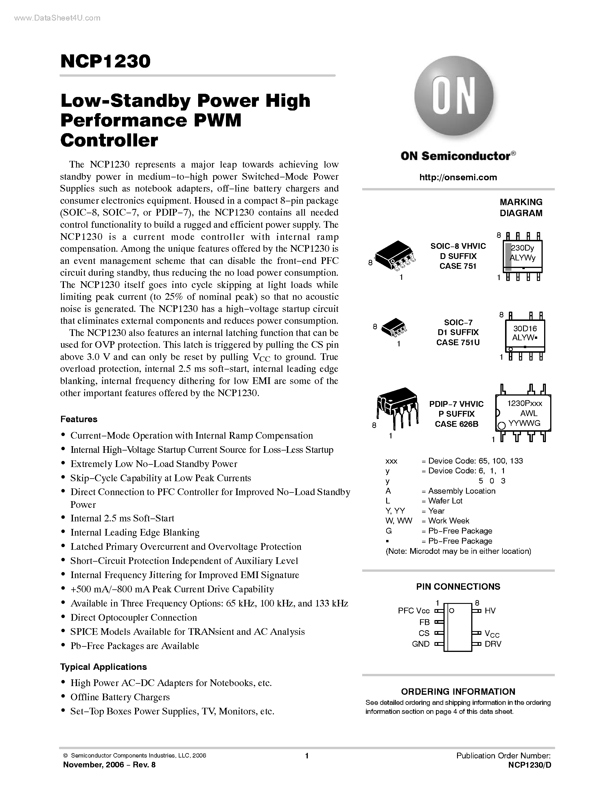 Даташит NCP1230 - Low Standby Power High Performance PWM Controller страница 1
