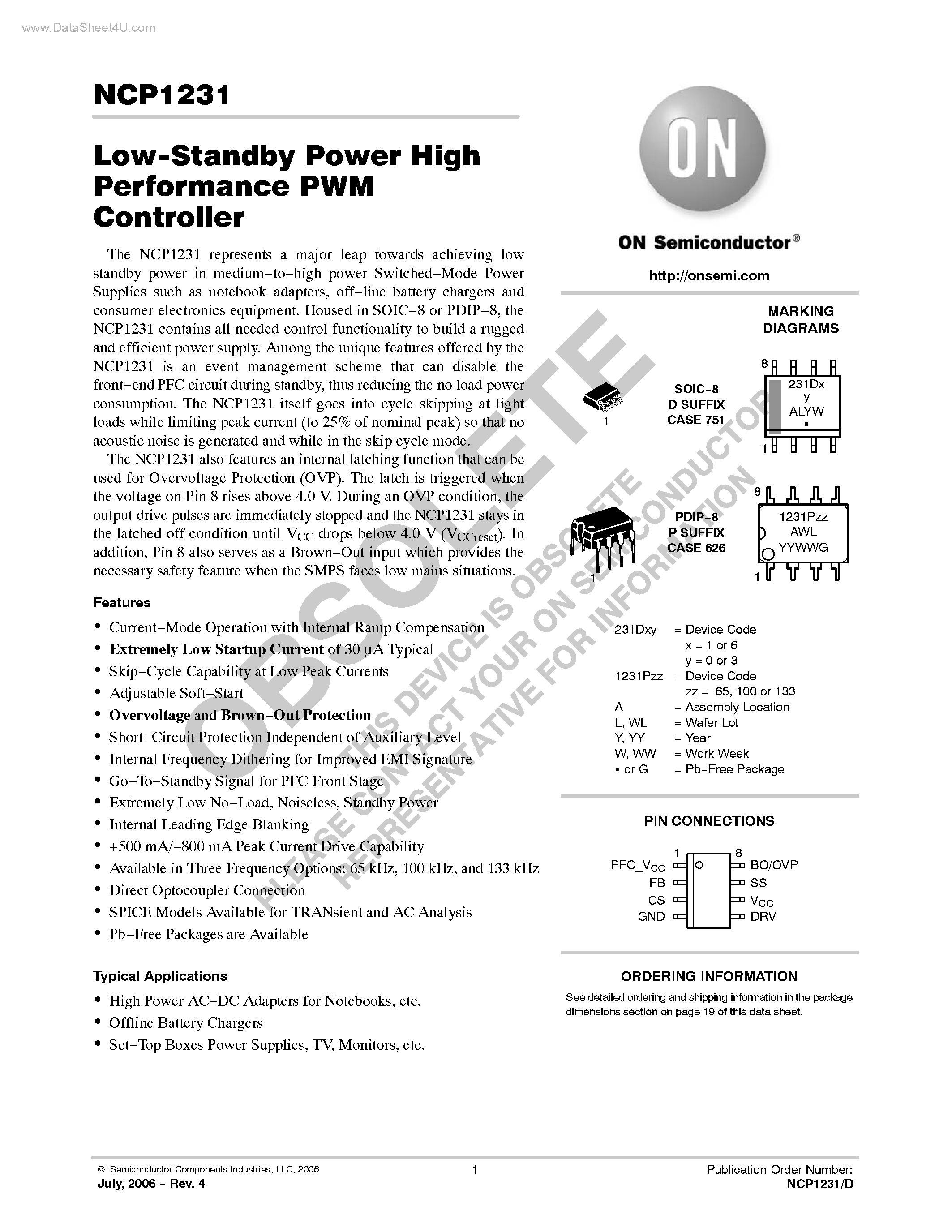 Даташит на микросхему NCP1231 страница 1 Даташит NCP1231 - Low Standby Power High Performance PWM Controller страница 1