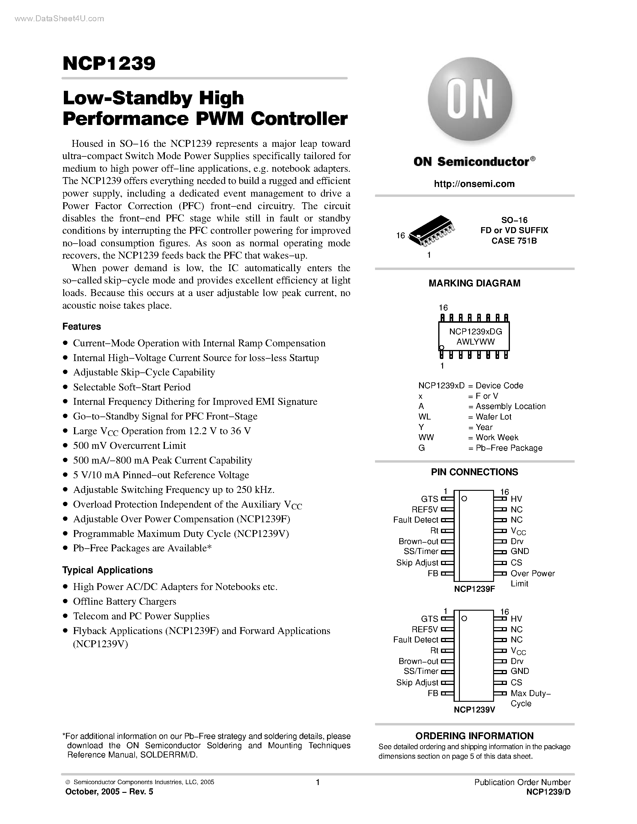 Даташит NCP1239 - Low Standby High Performance PWM Controller страница 1