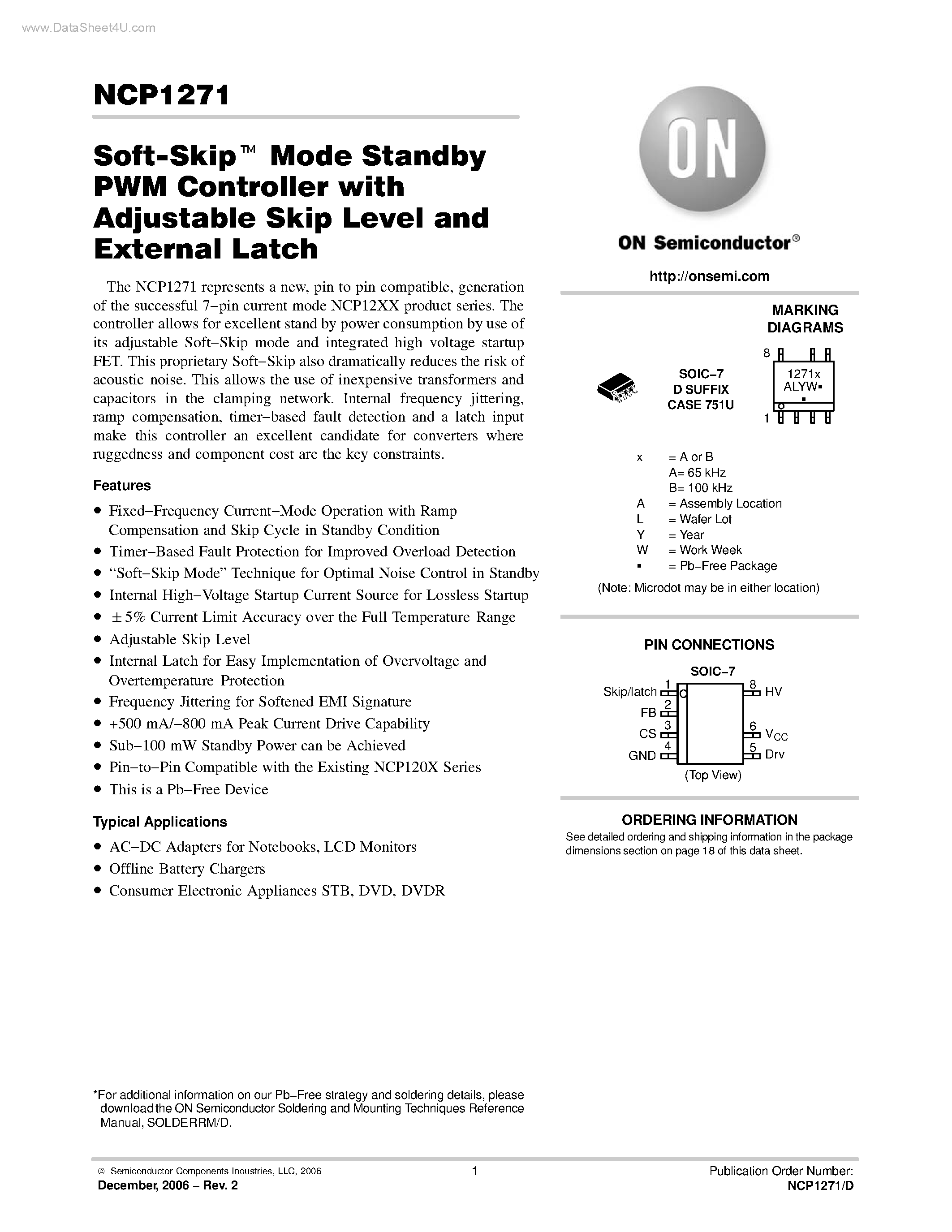 Даташит NCP1271 - Soft Skip Mode Standby PWM Controller страница 1