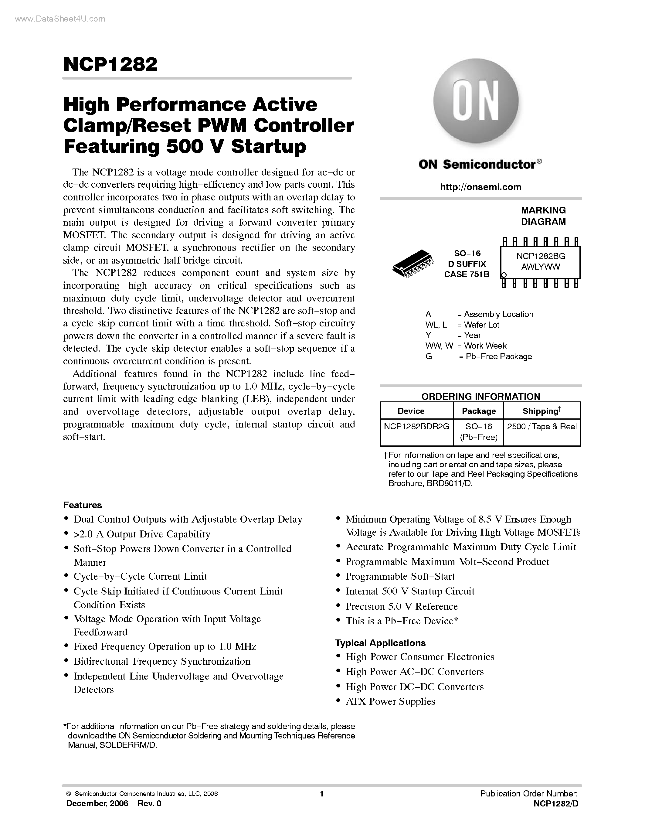 Даташит NCP1282 - High Performance Active Clamp/Reset PWM Controller Featuring 500 V Startup страница 1