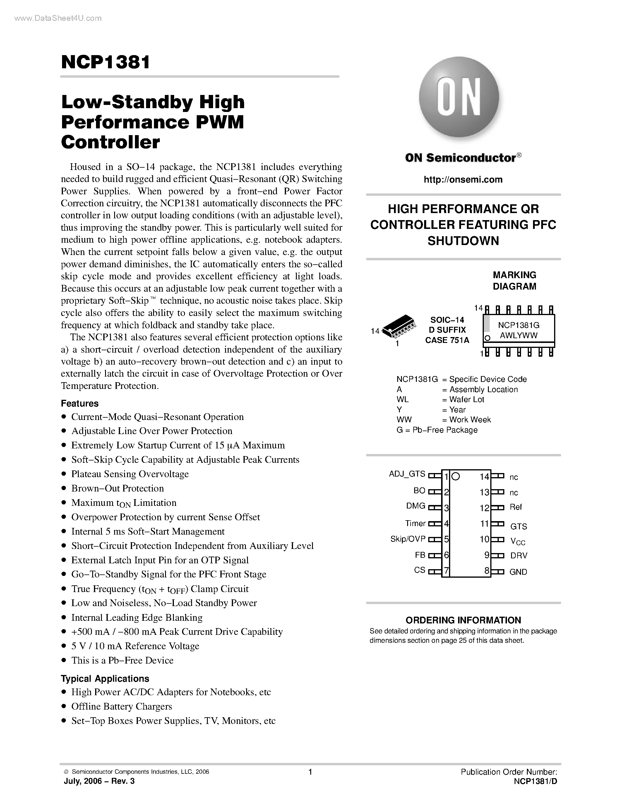 Даташит NCP1381 - Low Standby High Performance PWM Controller страница 1