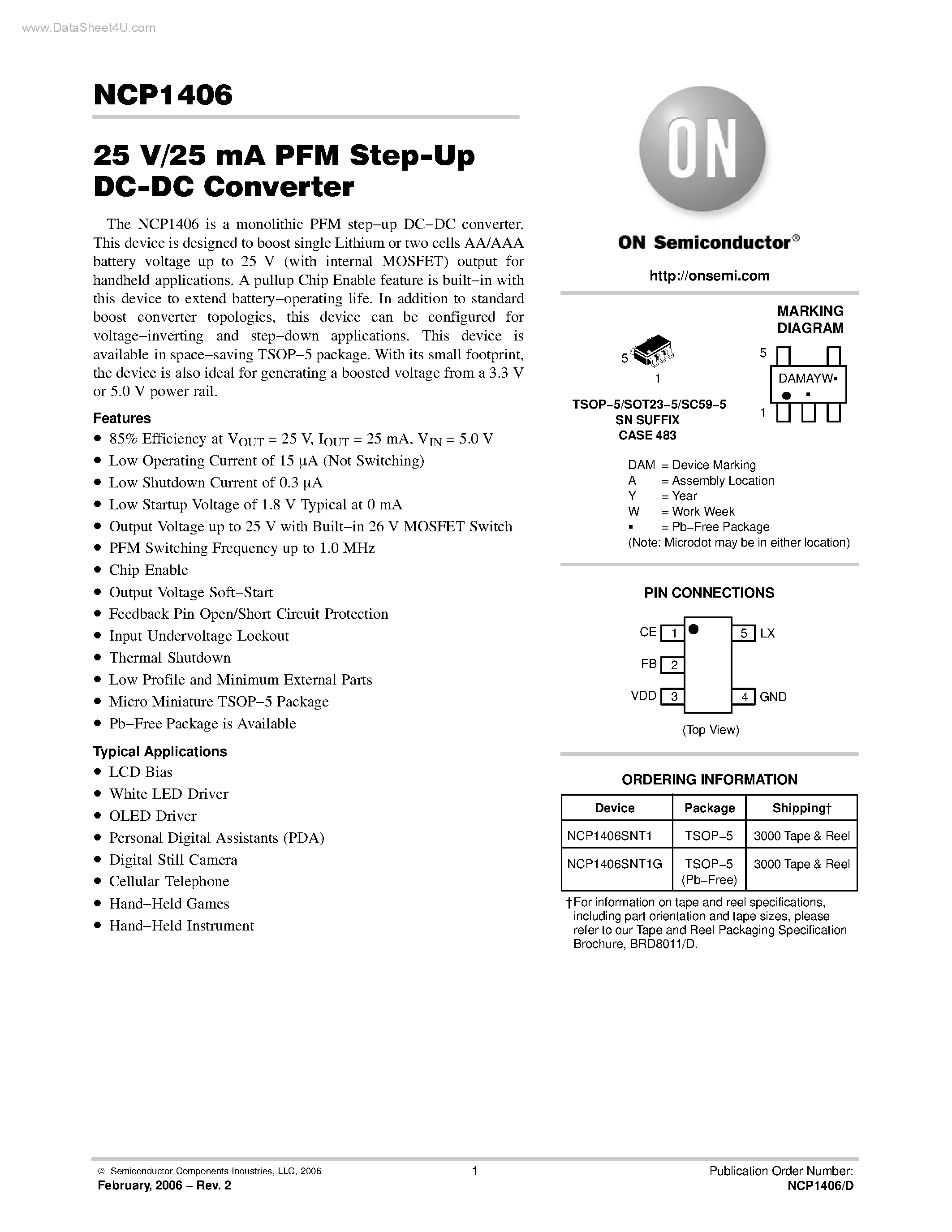 Datasheet NCP1406 - PFM Step Up DC-DC Converter page 1