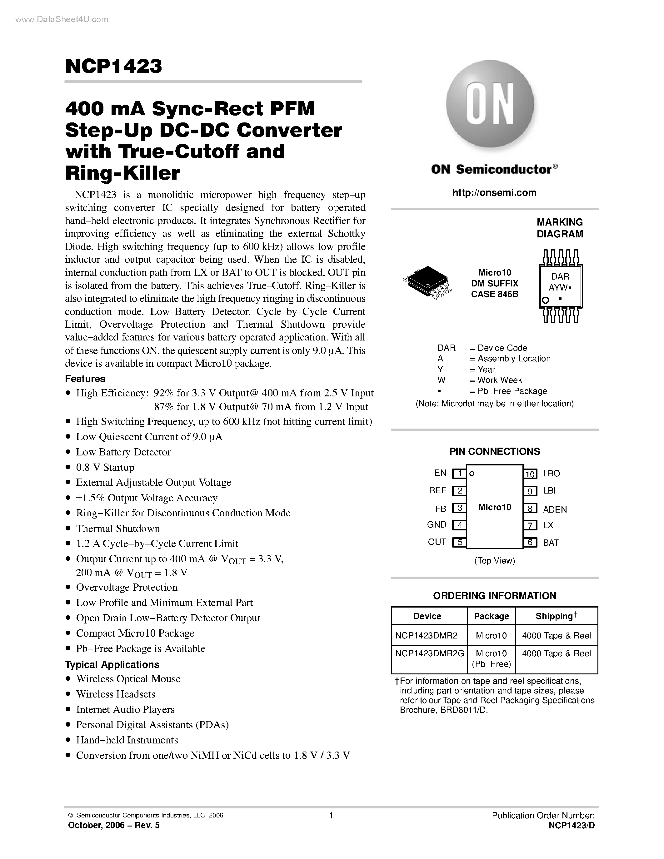 Datasheet NCP1423 - Sync-Rect PFM Step-Up DC-DC Converter page 1