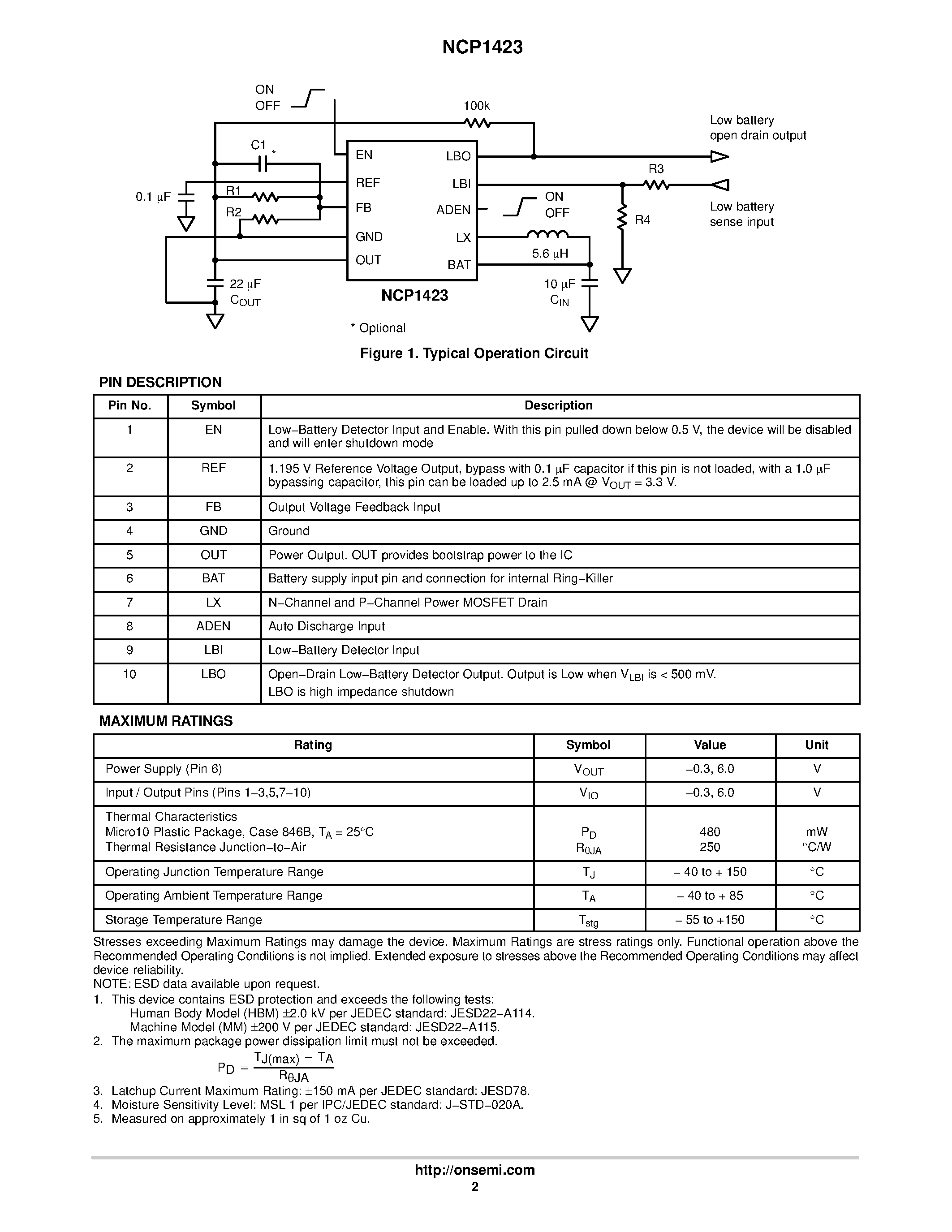 Datasheet NCP1423 - Sync-Rect PFM Step-Up DC-DC Converter page 2