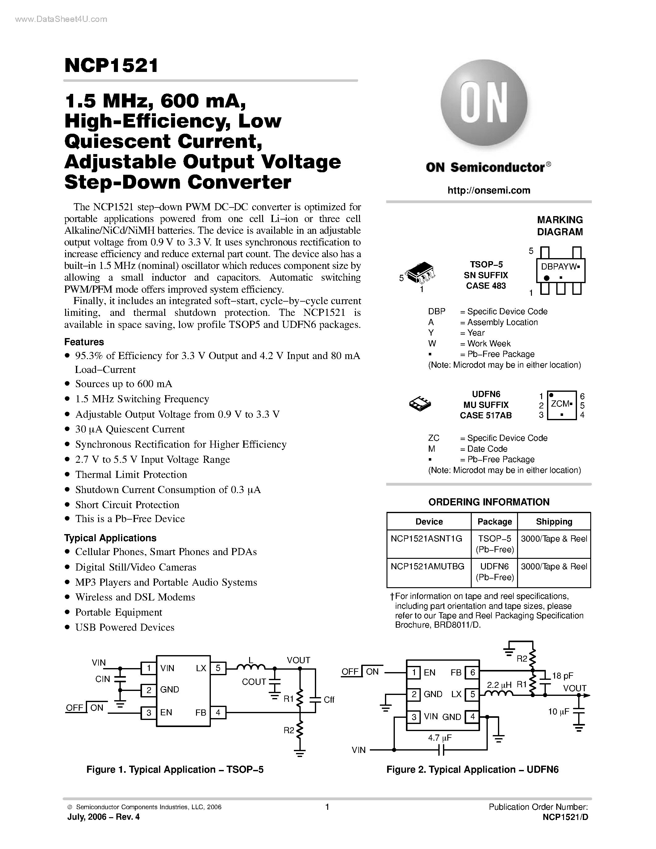Datasheet NCP1521 - Adjustable Output Voltage Step-Down Converter page 1