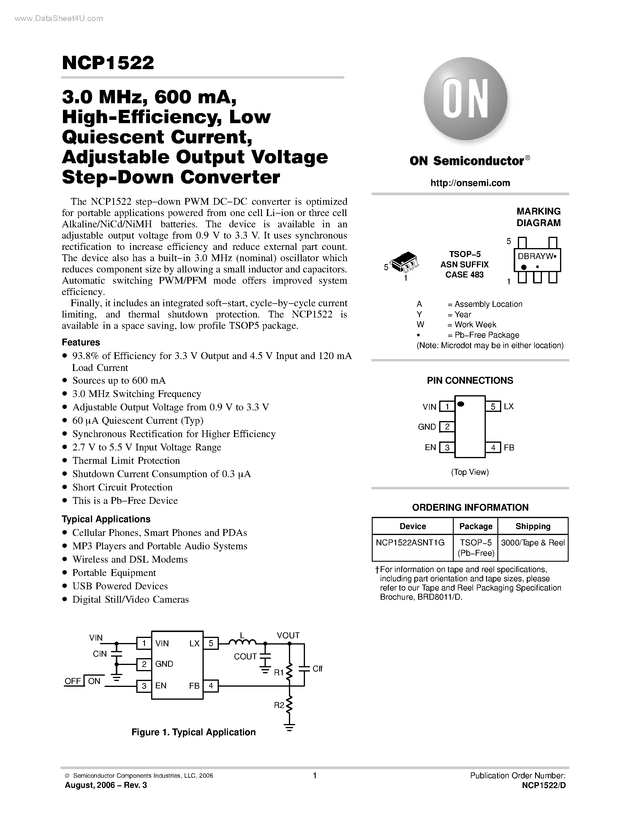 Datasheet NCP1522 - Adjustable Output Voltage Step-Down Converter page 1