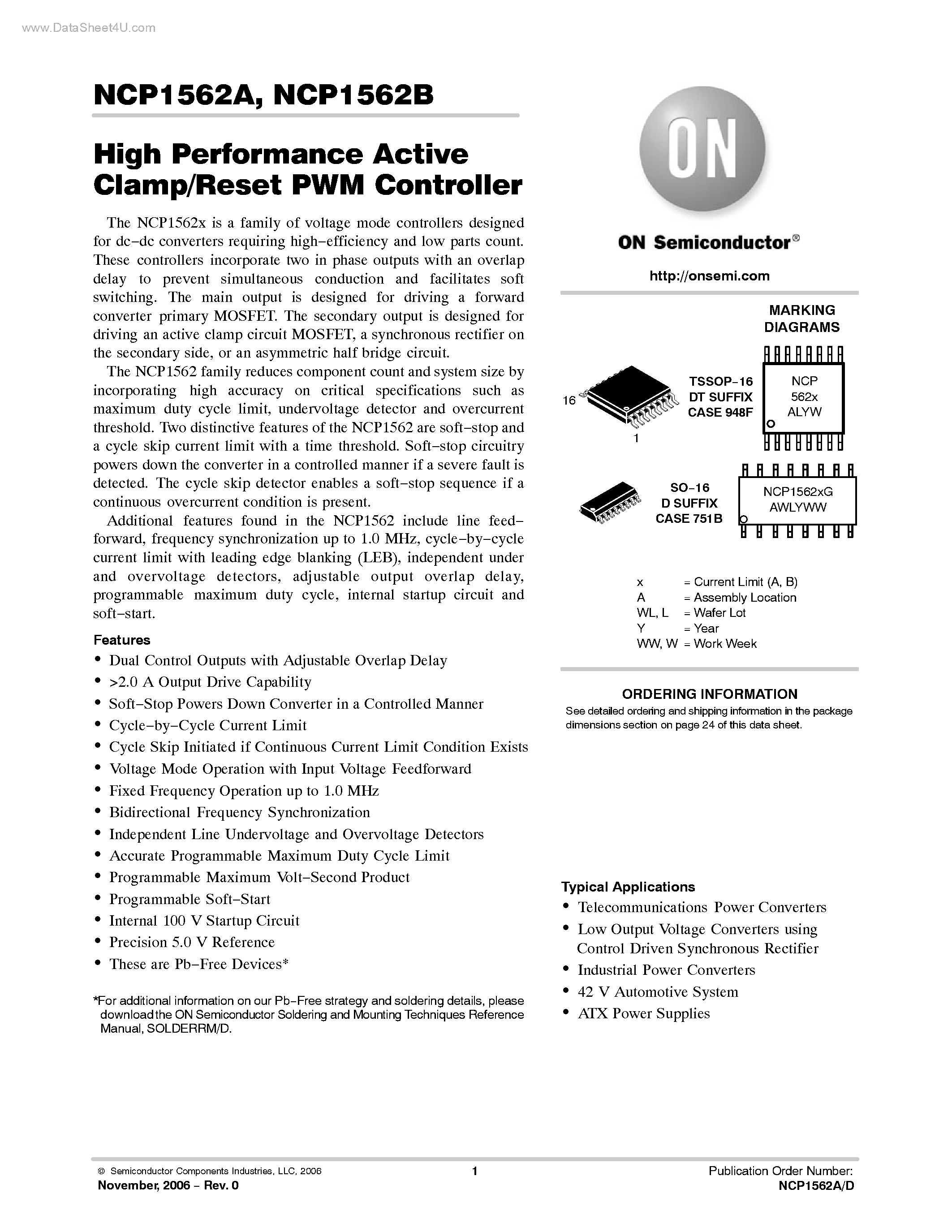Даташит NCP1562A - High Performance Active Clamp/Reset PWM Controller страница 1