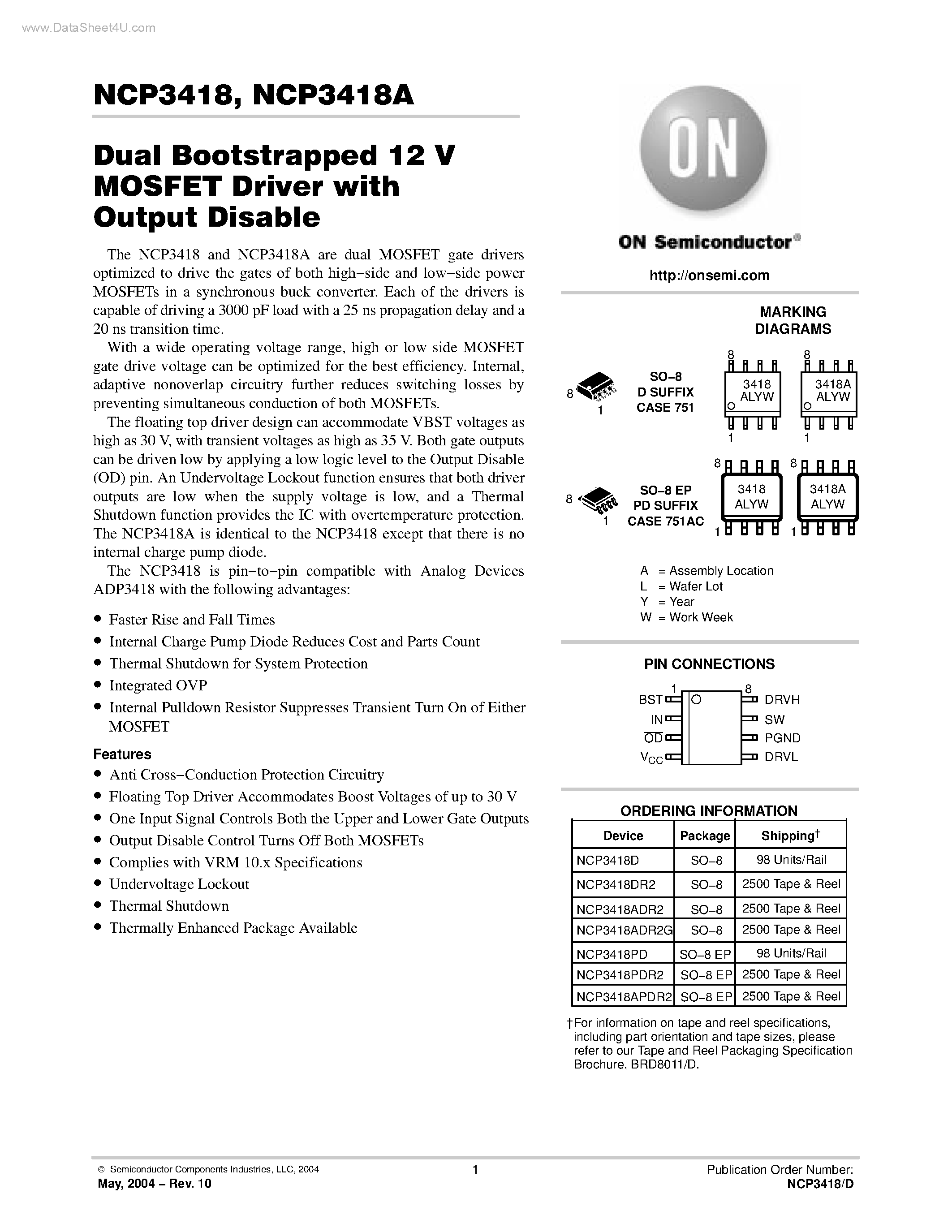 Даташит на микросхему NCP3418 страница 1 Даташит NCP3418 - Dual Bootstrapped 12 V MOSFET Driver страница 1