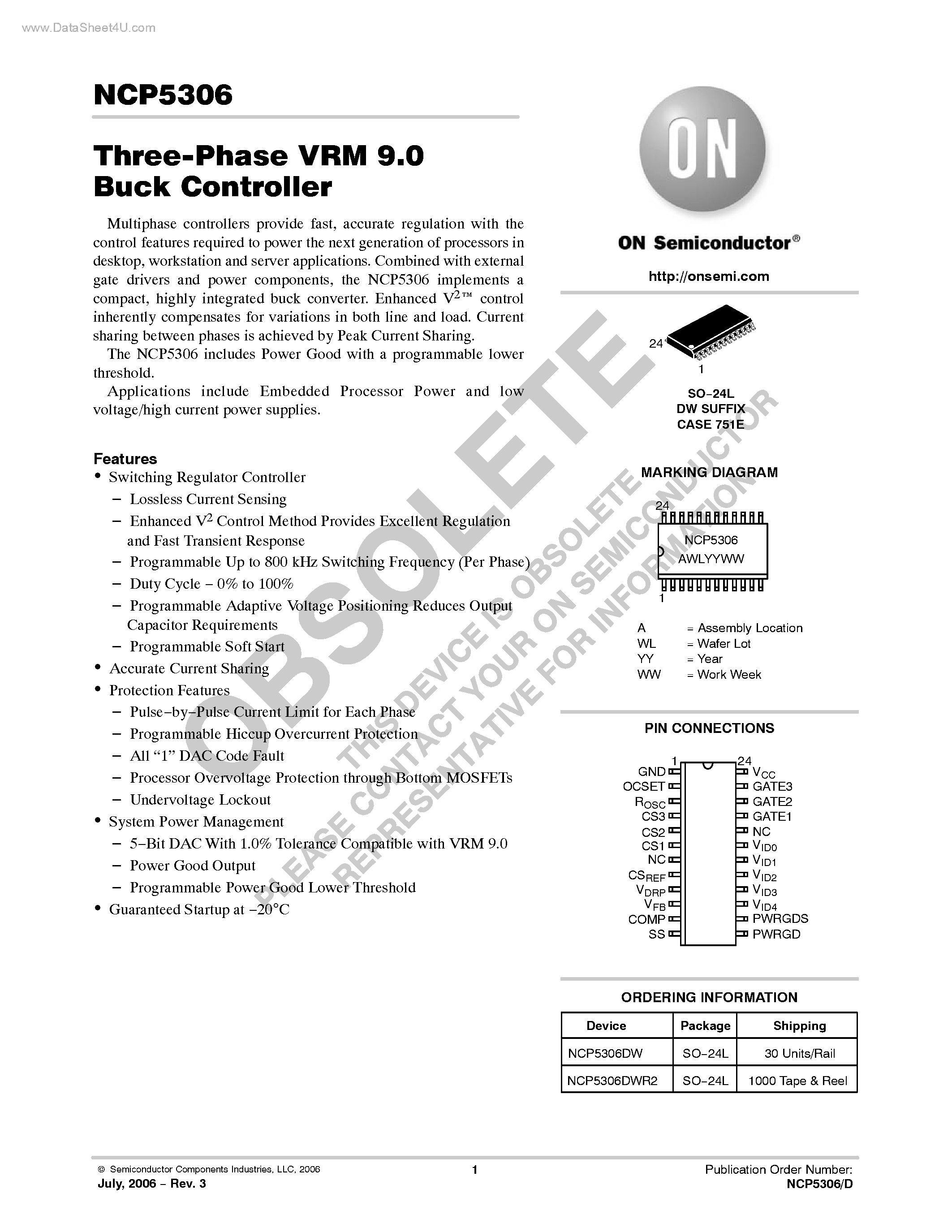 Datasheet NCP5306 - Three-Phase VRM 9.0 Buck Controller page 1