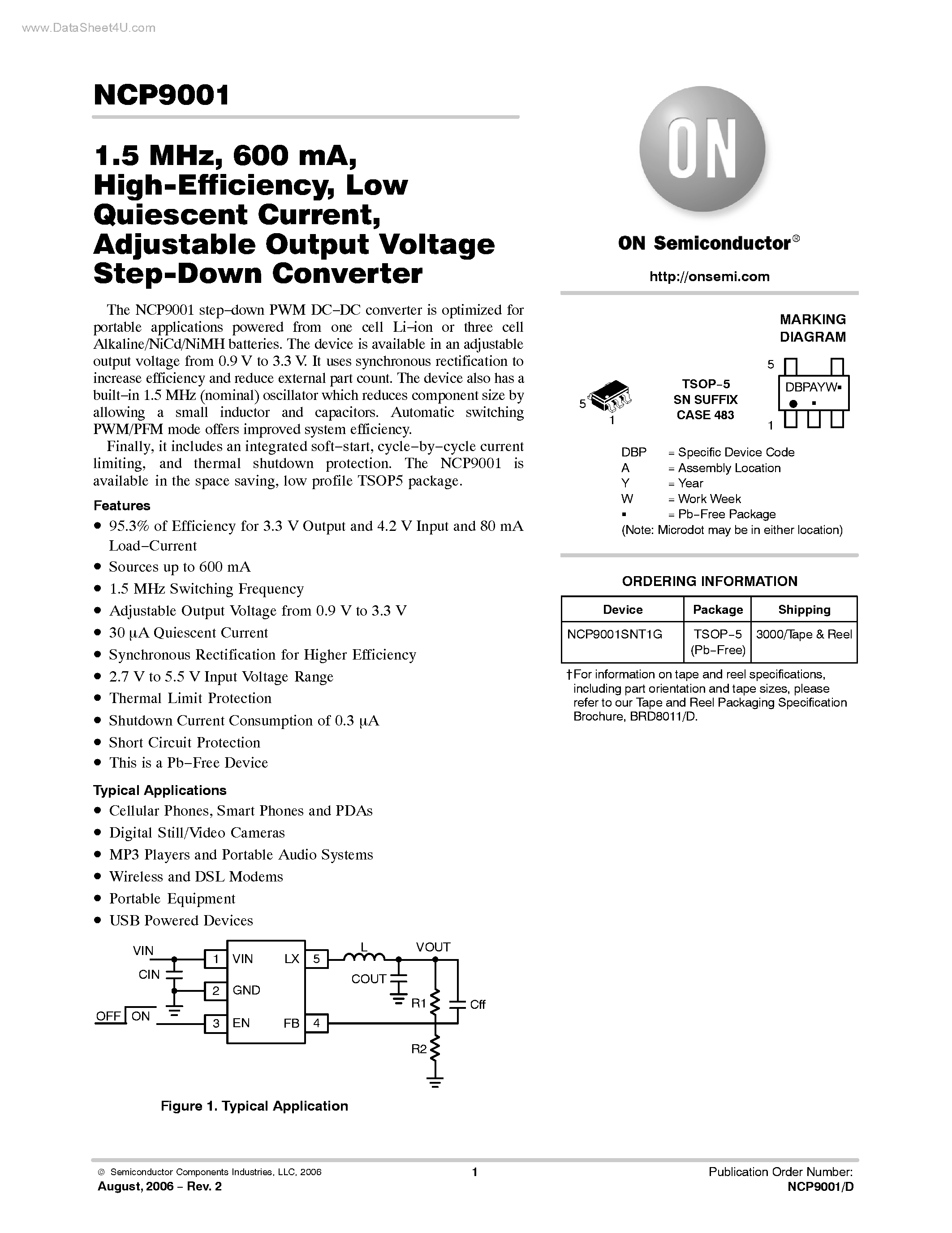 Datasheet NCP9001 - Adjustable Output Voltage Step-Down Converter page 1