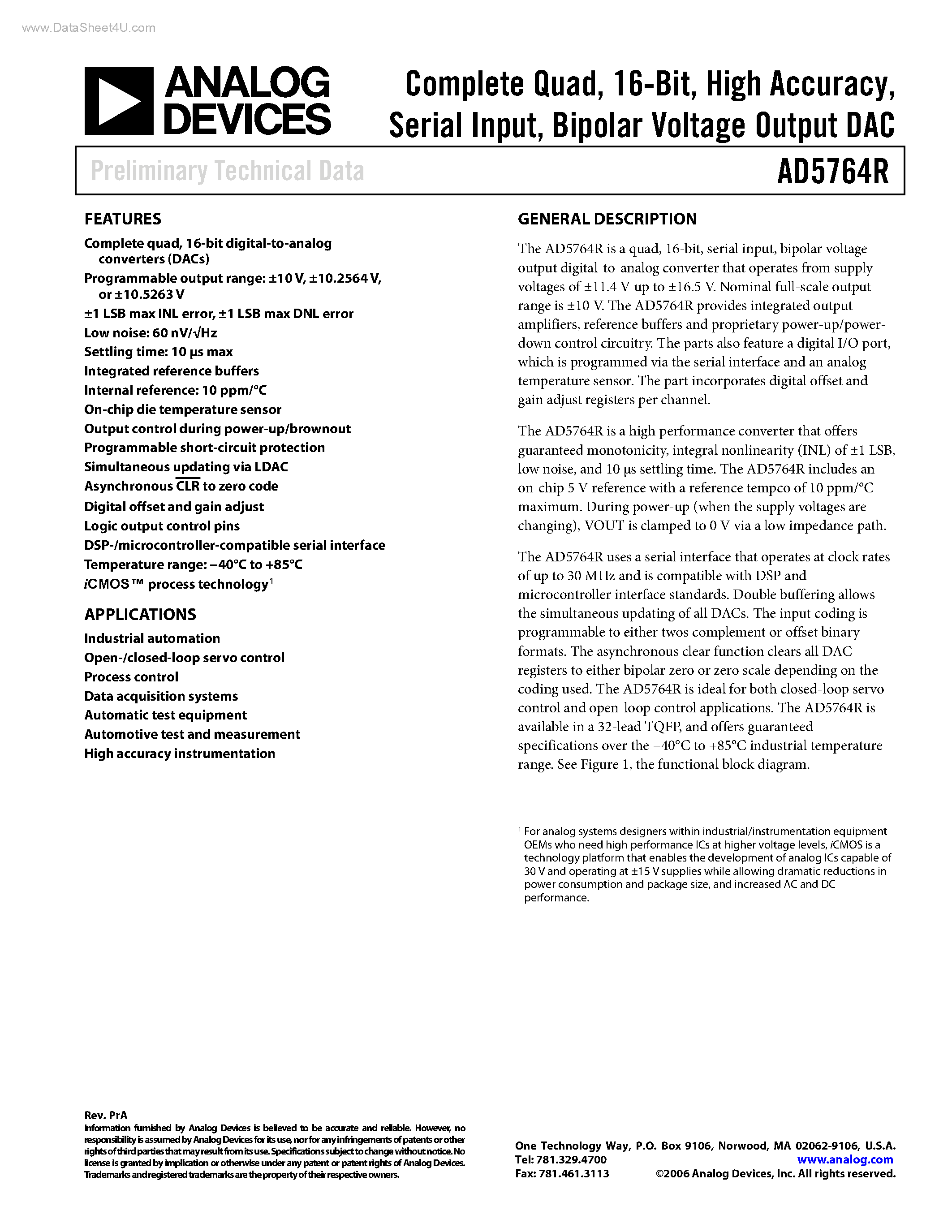Datasheet AD5764R page 1 Datasheet AD5764R - Bipolar Voltage Output DAC page 1