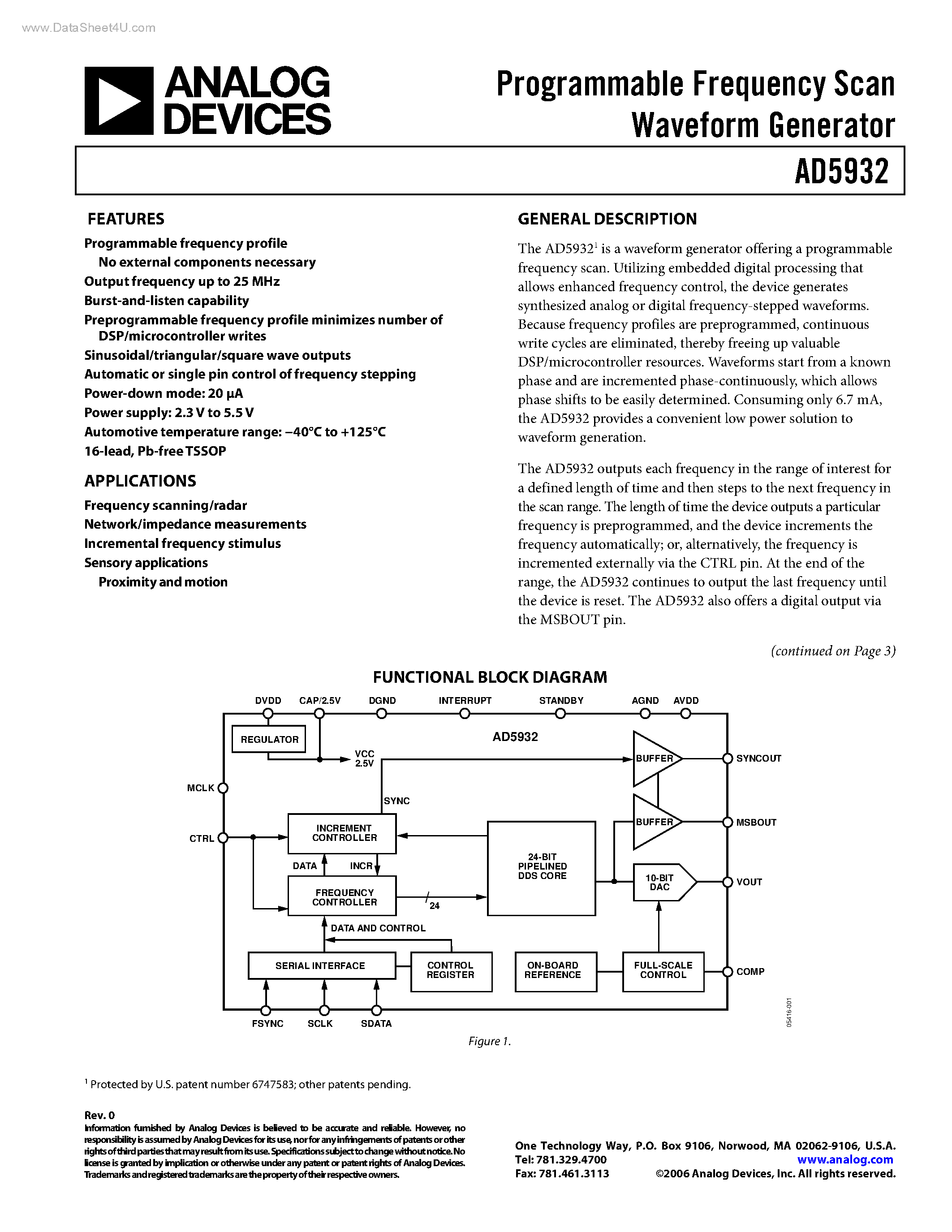Даташит на микросхему AD5932 страница 1 Даташит AD5932 - Programmable Frequency Scan Waveform Generator страница 1