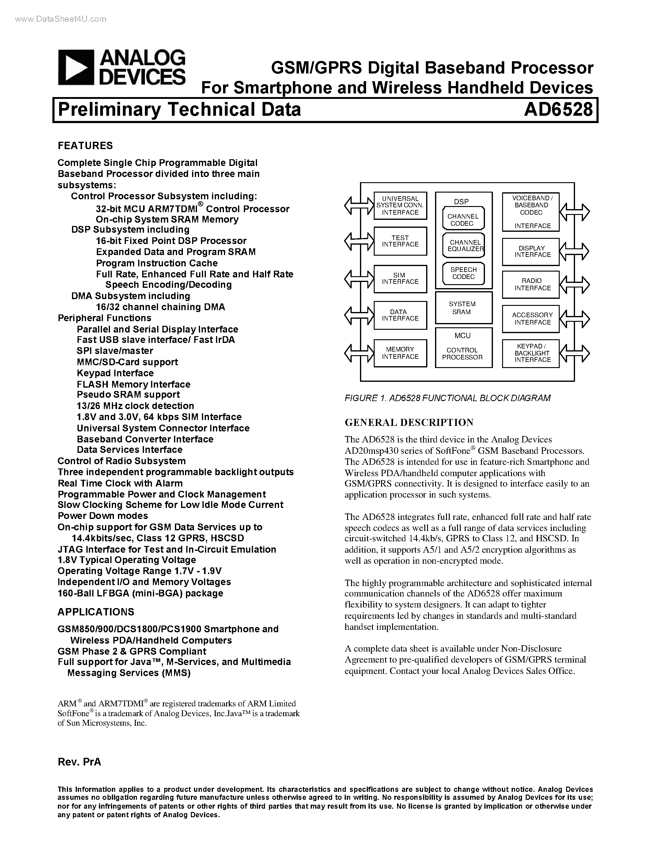 Даташит AD6528 - GSM/GPRS Digital Baseband Processor страница 1