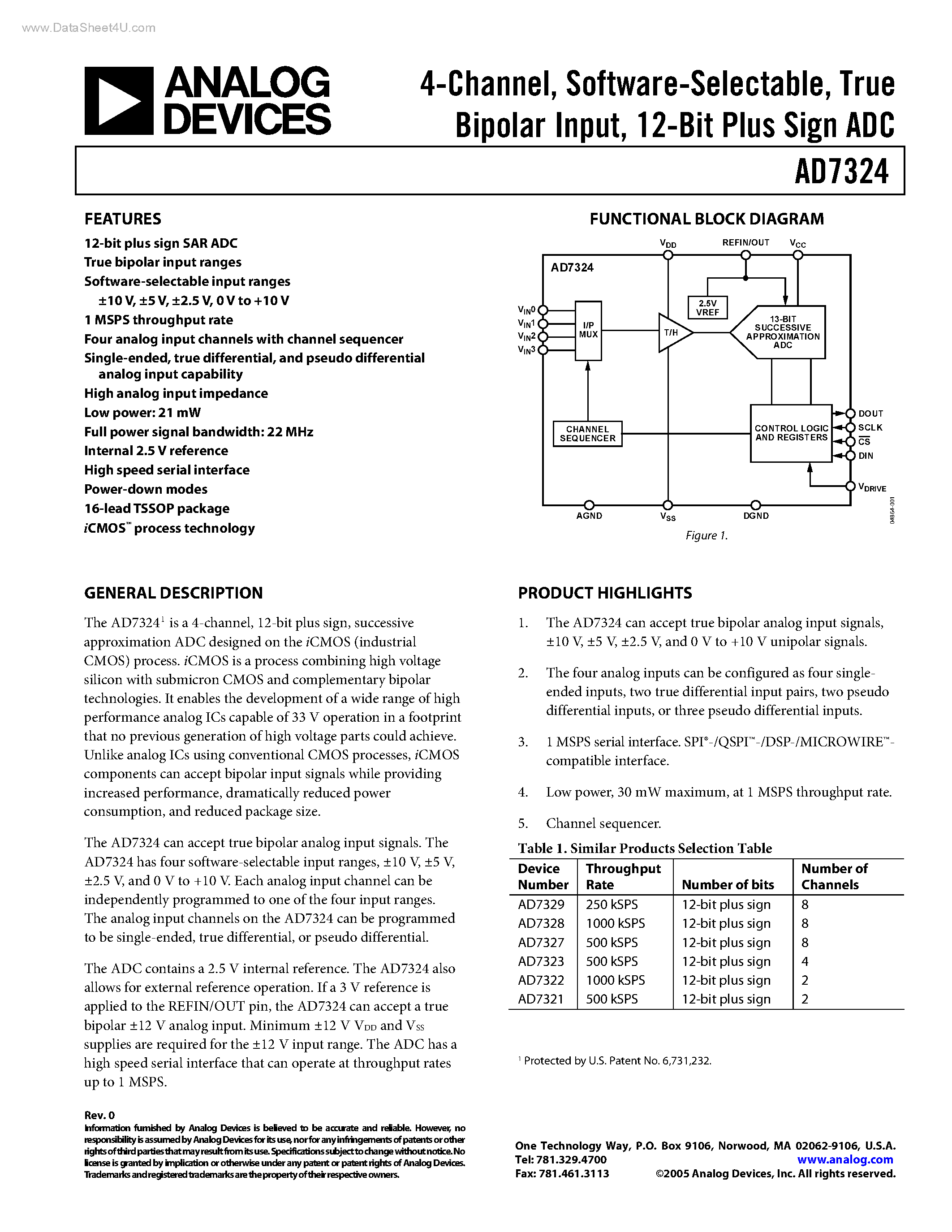 Datasheet AD7324 - 12-Bit Plus Sign ADC page 1