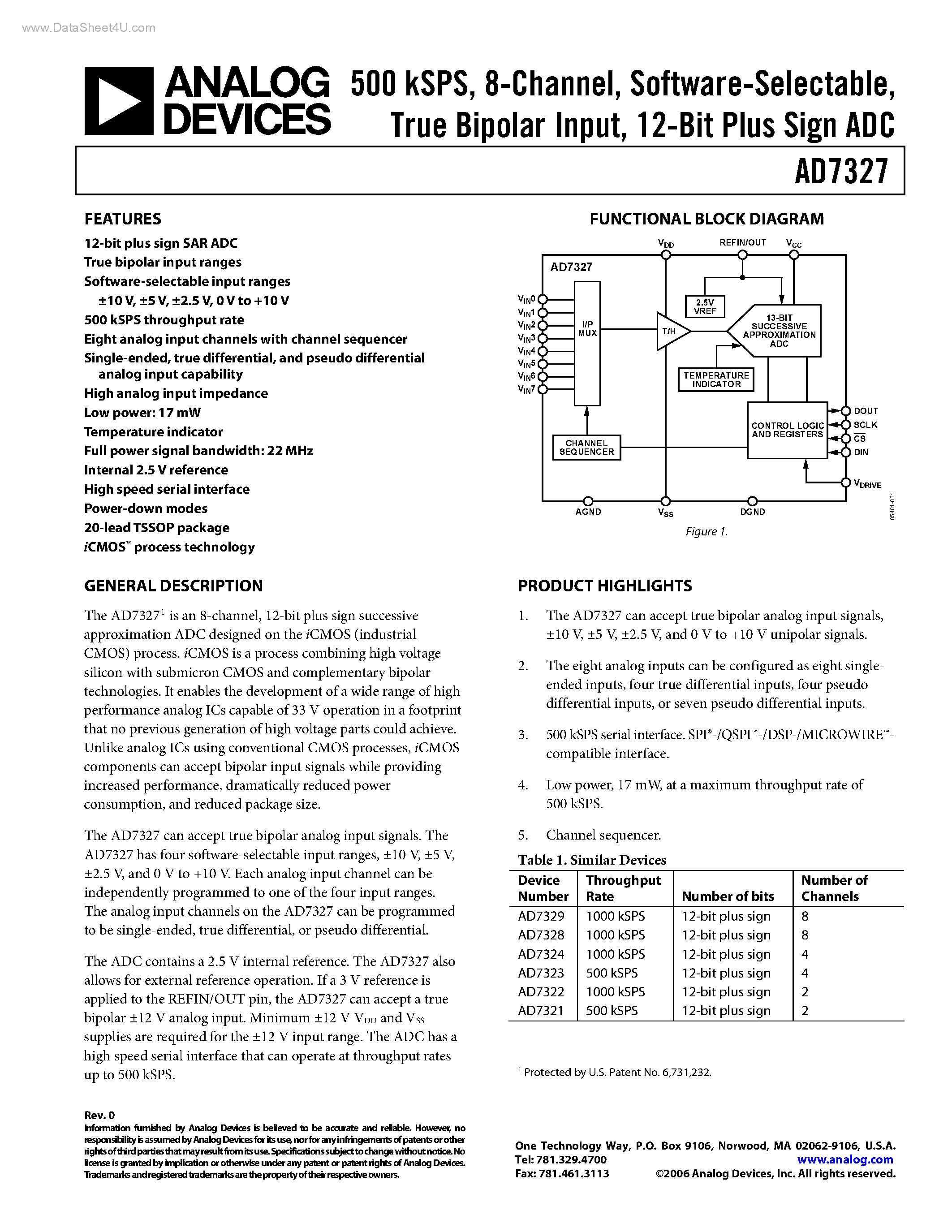 Datasheet AD7327 page 1 Datasheet AD7327 - 12-Bit Plus Sign ADC page 1