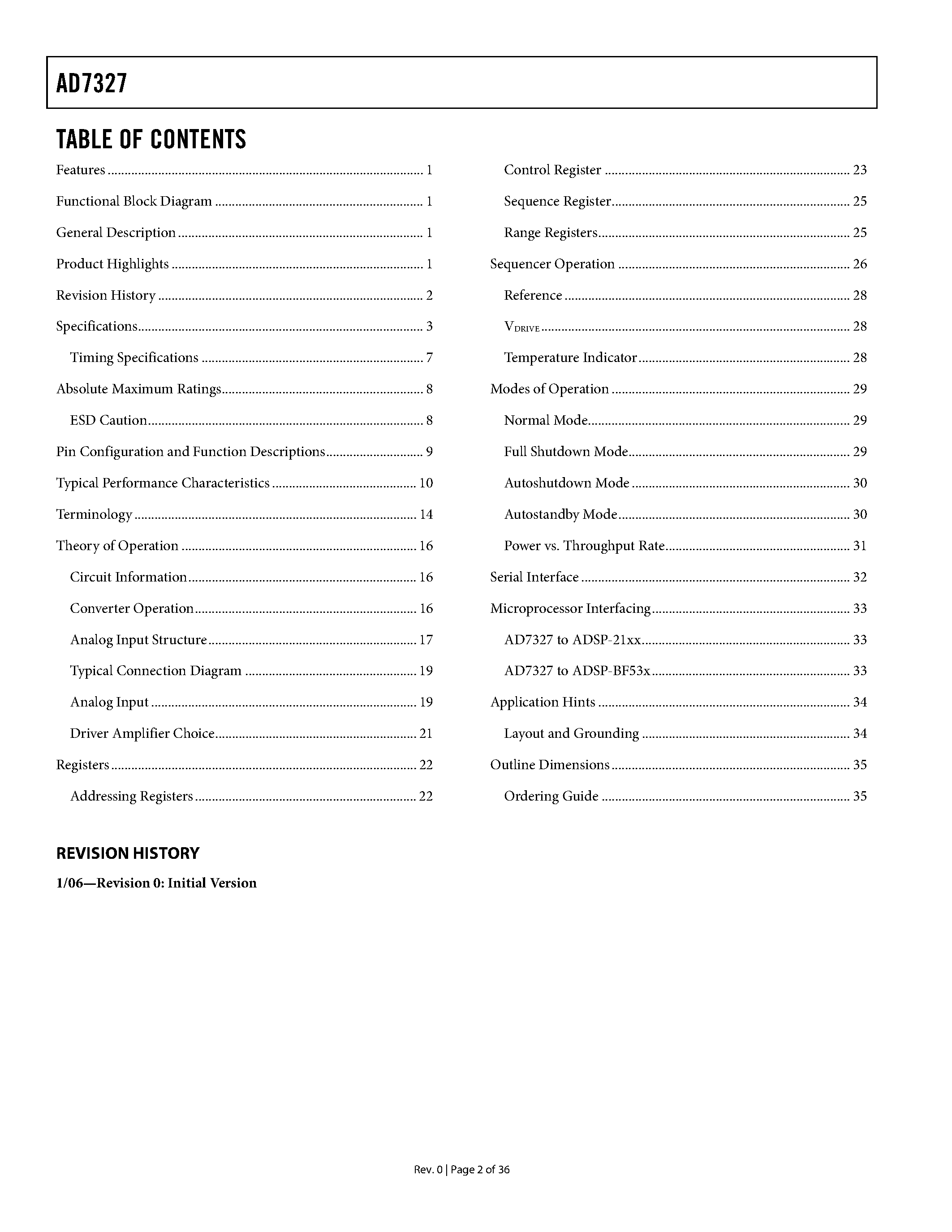 Datasheet AD7327 page 2 Datasheet AD7327 - 12-Bit Plus Sign ADC page 2
