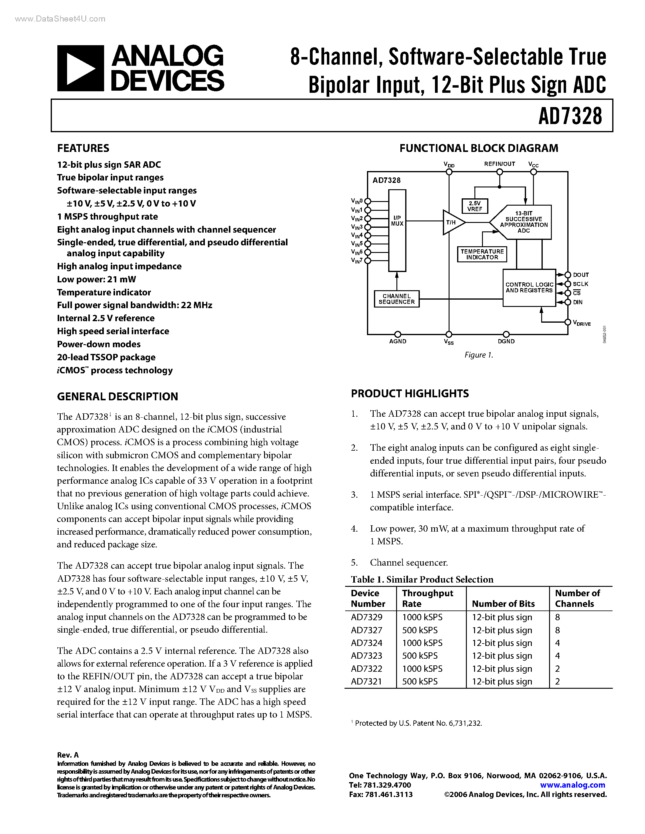 Datasheet AD7328 - 12-Bit Plus Sign ADC page 1