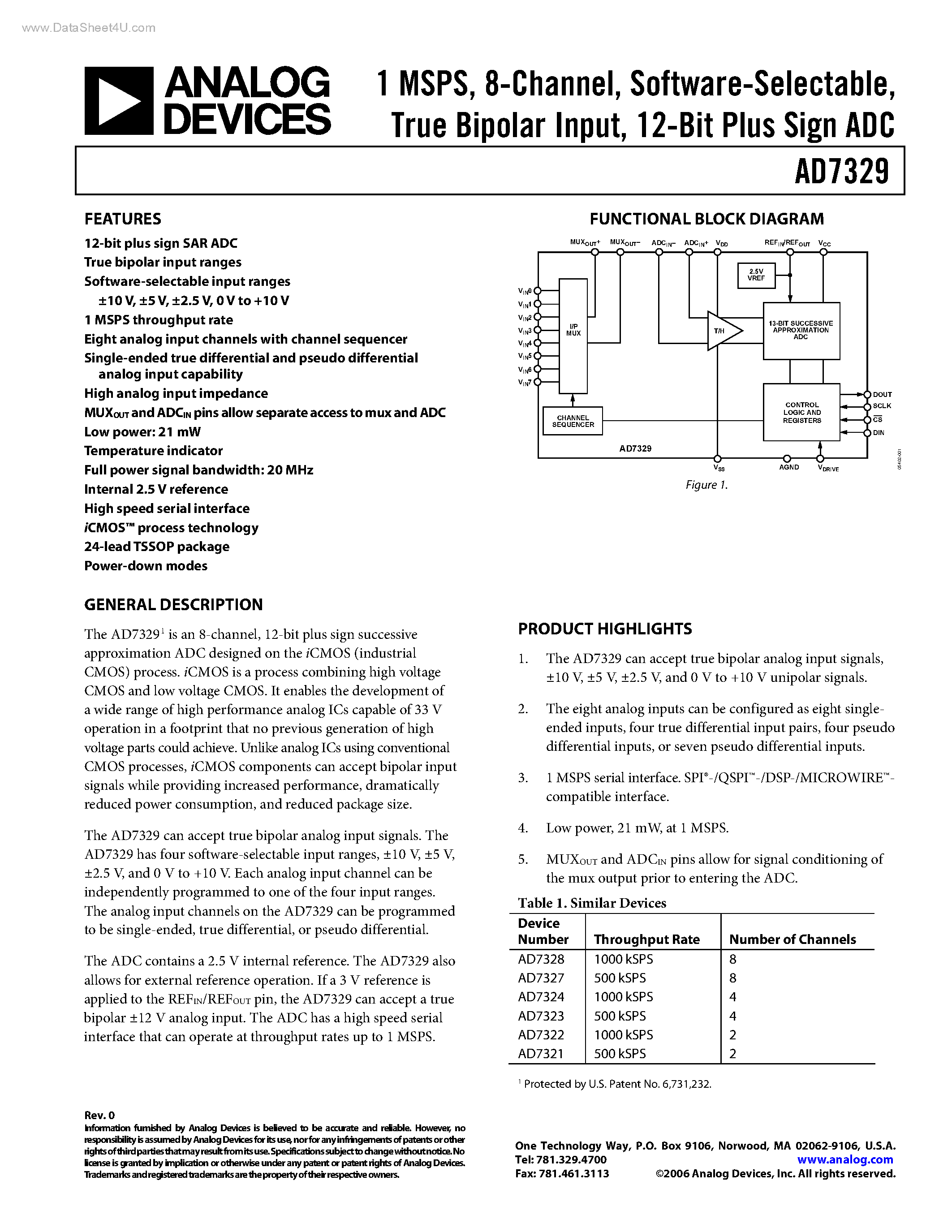 Datasheet AD7329 - 12-Bit Plus Sign ADC page 1