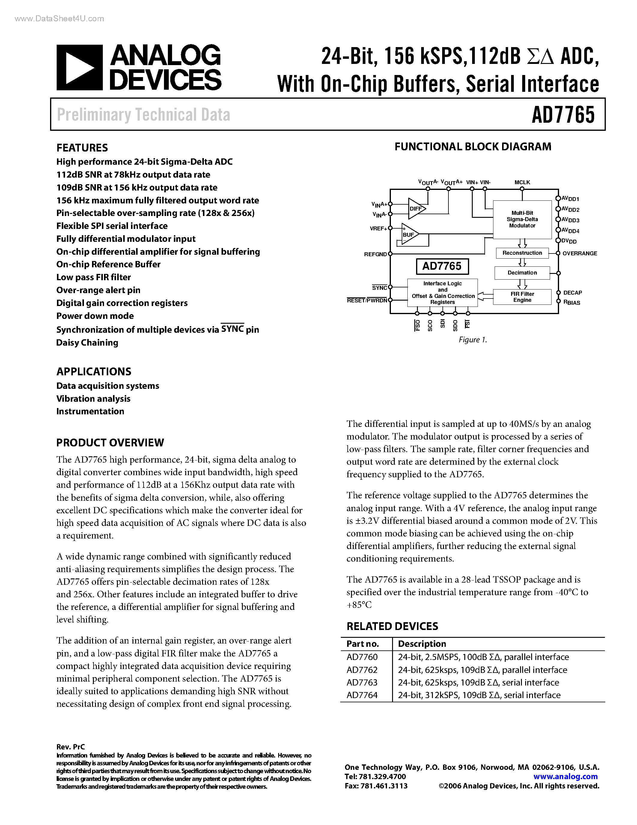 Datasheet AD7765 page 1 Datasheet AD7765 - 112dB ADC page 1