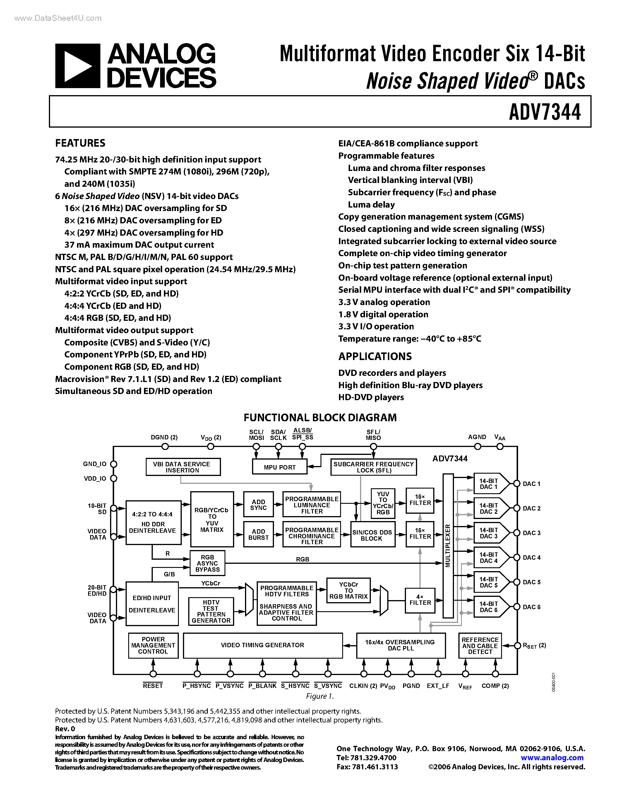 Даташит ADV7344 - Multiformat Video Encoder Six 14-Bit Noise Shaped Video DACs страница 1