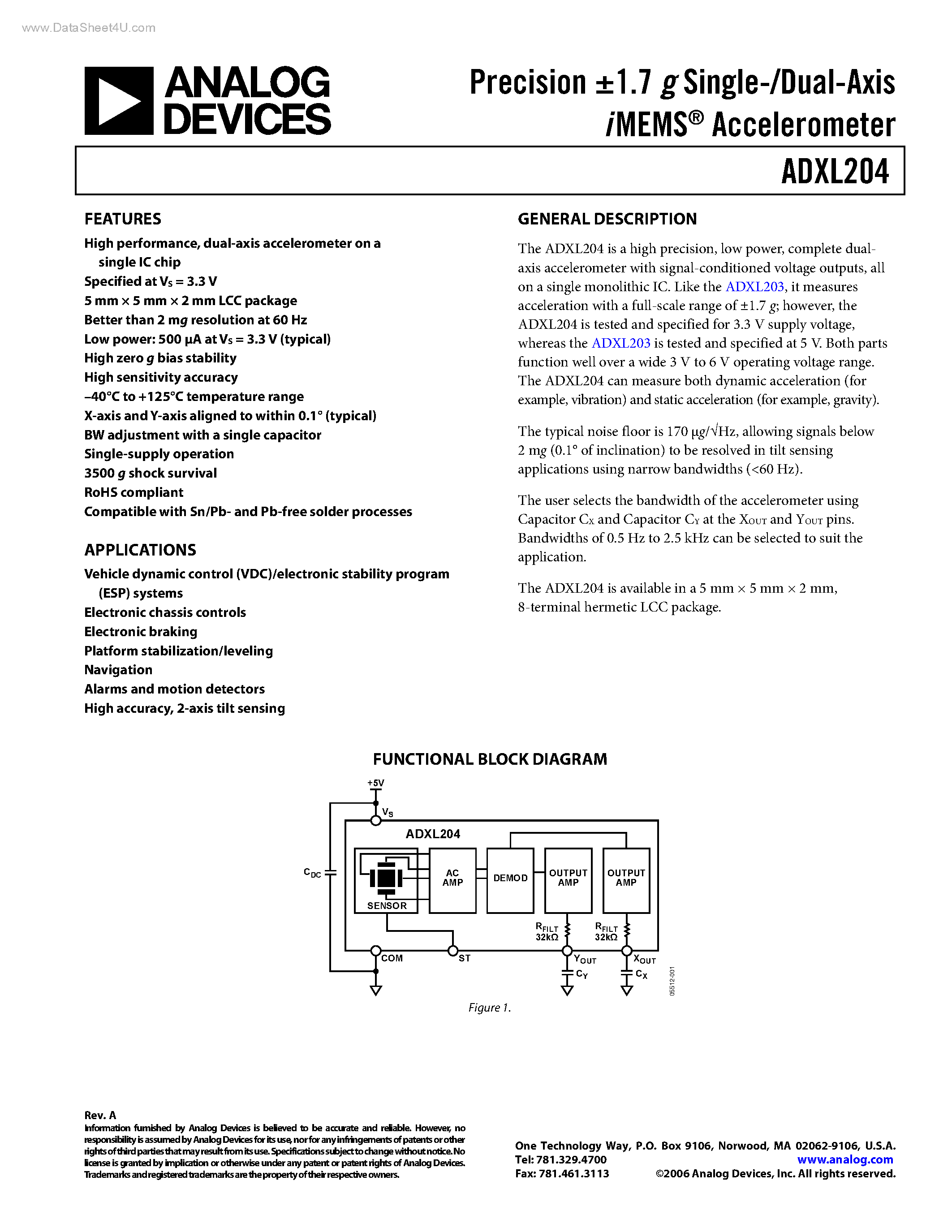 Datasheet ADXL204 page 1 Datasheet ADXL204 - Dual-Axis i MEMS Accelerometer page 1