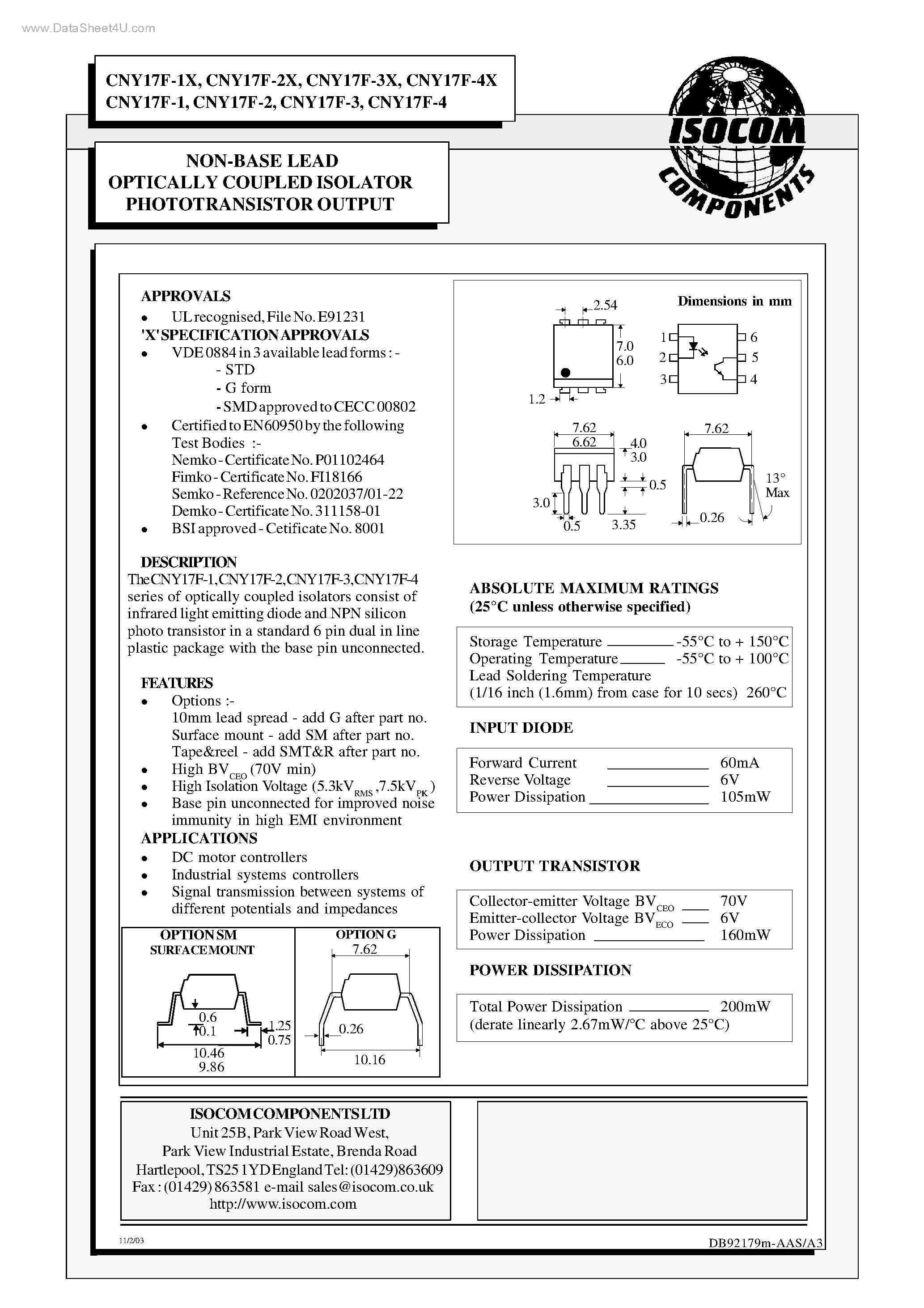 Datasheet CNY17F-1 page 1 Datasheet CNY17F-1 - (CNY17F-xx) NON-BASE LEAD OPTICALLY COUPLED ISOLATOR PHOTOTRANSISTOR OUTPUT page 1