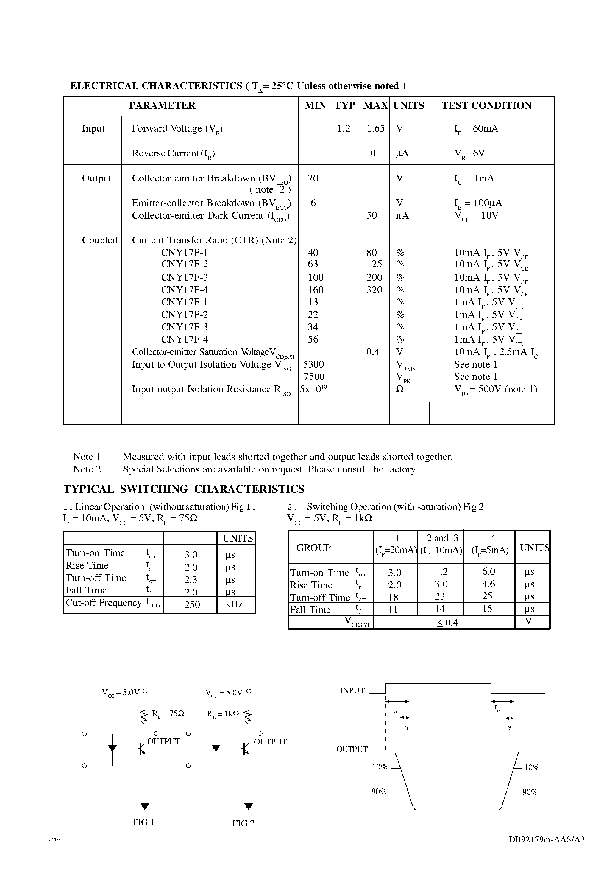 Datasheet CNY17F-1 page 2 Datasheet CNY17F-1 - (CNY17F-xx) NON-BASE LEAD OPTICALLY COUPLED ISOLATOR PHOTOTRANSISTOR OUTPUT page 2