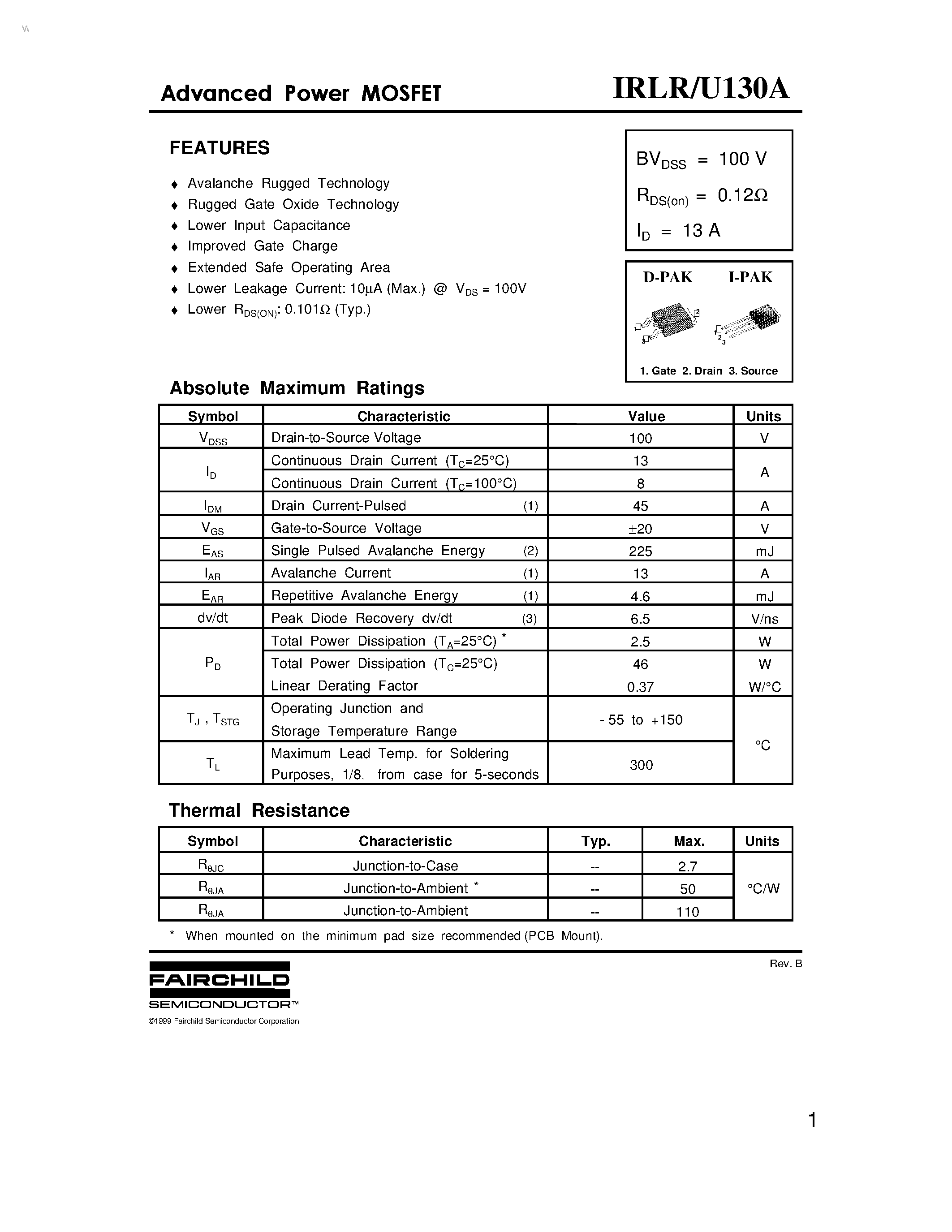 Даташит IRLR130A - Advanced Power MOSFET страница 1