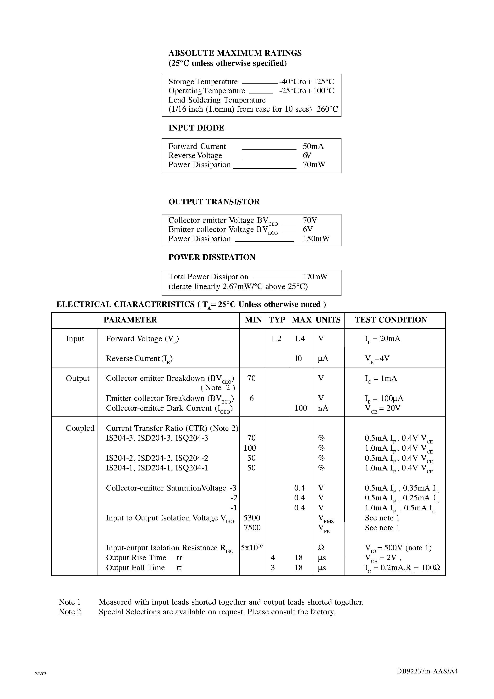 Даташит на микросхему ISQ204-1 страница 2 Даташит ISQ204-1 - LOW INPUT CURRENT PHOTOTRANSISTOR OPTICALLY COUPLED ISOLATORS страница 2