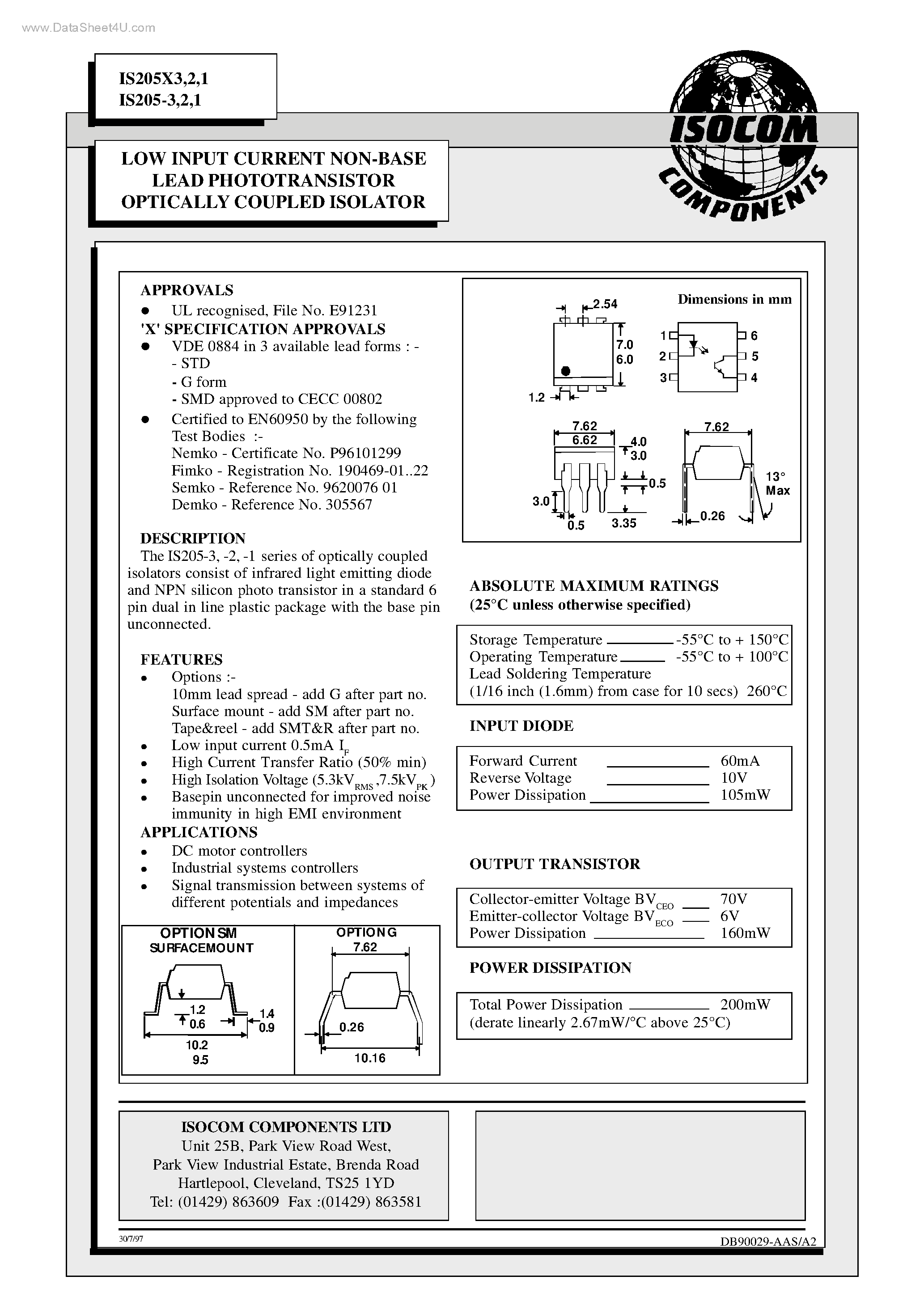 Datasheet IS205-1 - LOW INPUT CURRENT NON-BASE LEAD PHOTOTRANSISTOR OPTICALLY COUPLED ISOLATOR page 1
