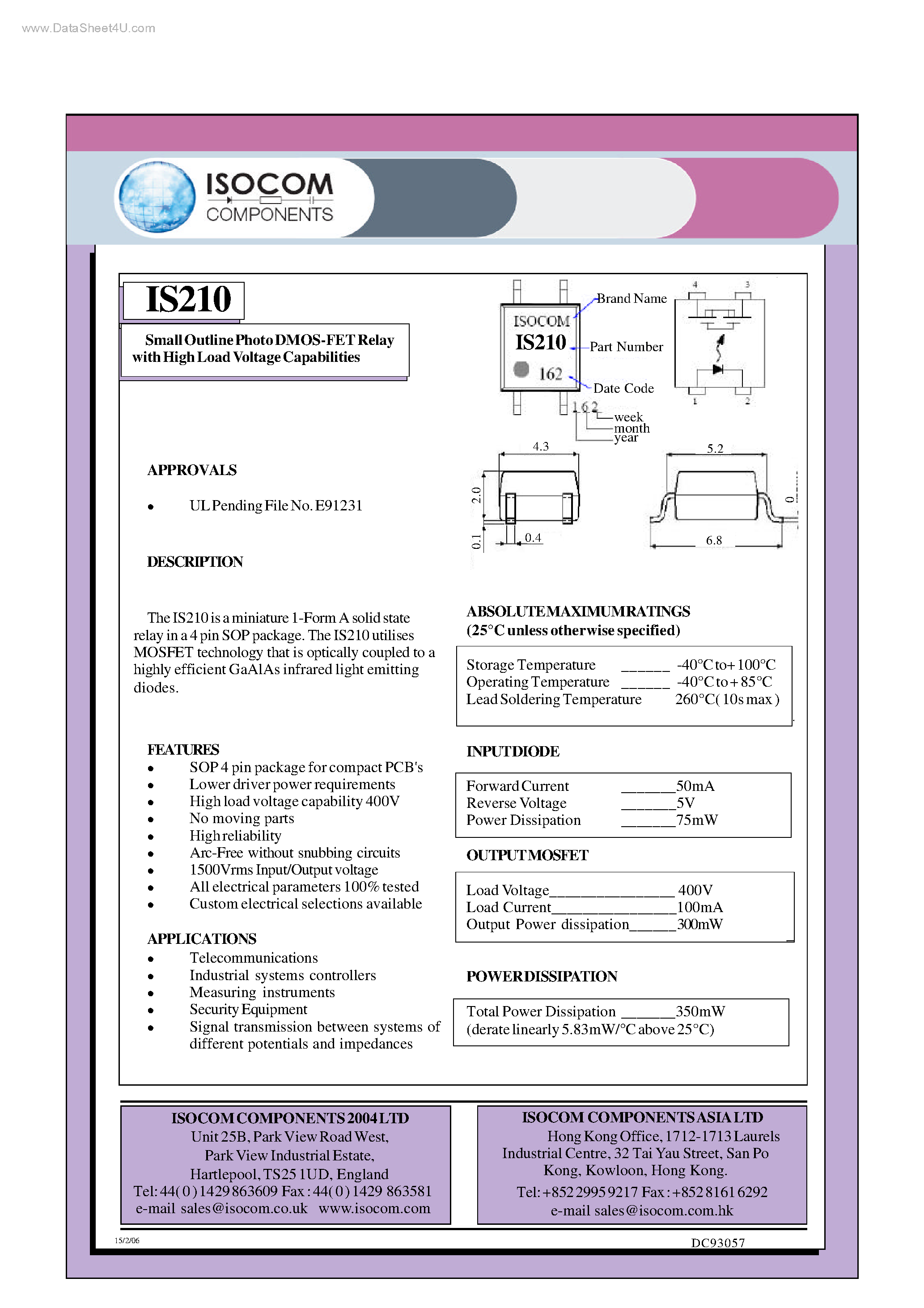 Даташит IS210 - Small Outline Photo DMOS-FET Relay страница 1