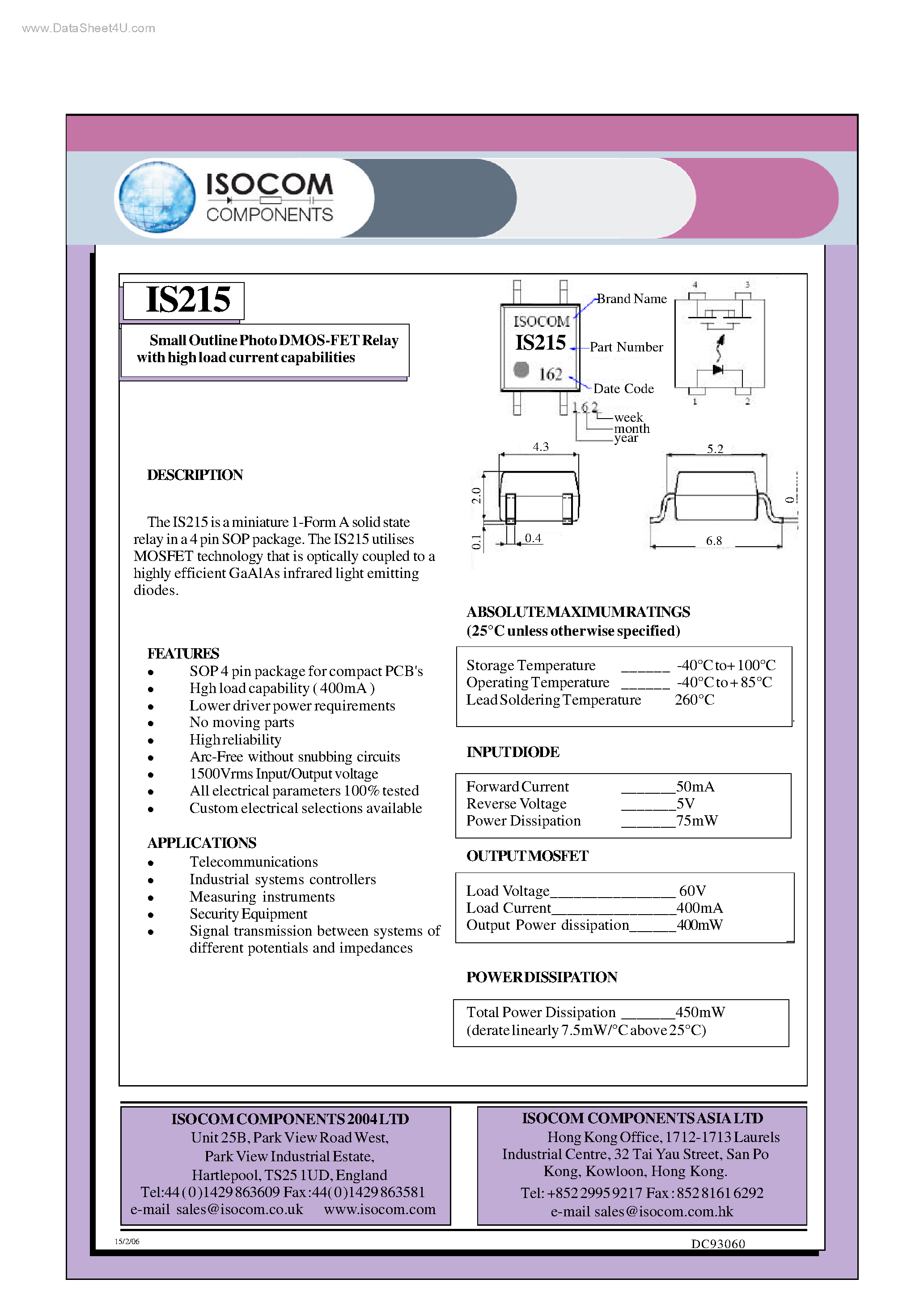 Даташит IS215 - Small Outline Photo DMOS-FET Relay страница 1