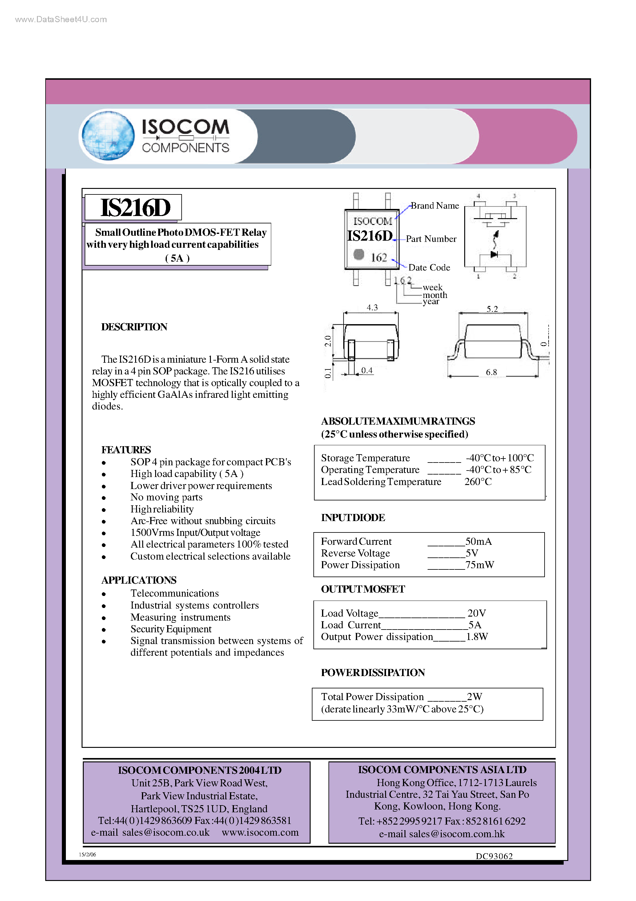 Даташит IS216D - Small Outline Photo DMOS-FET Relay страница 1