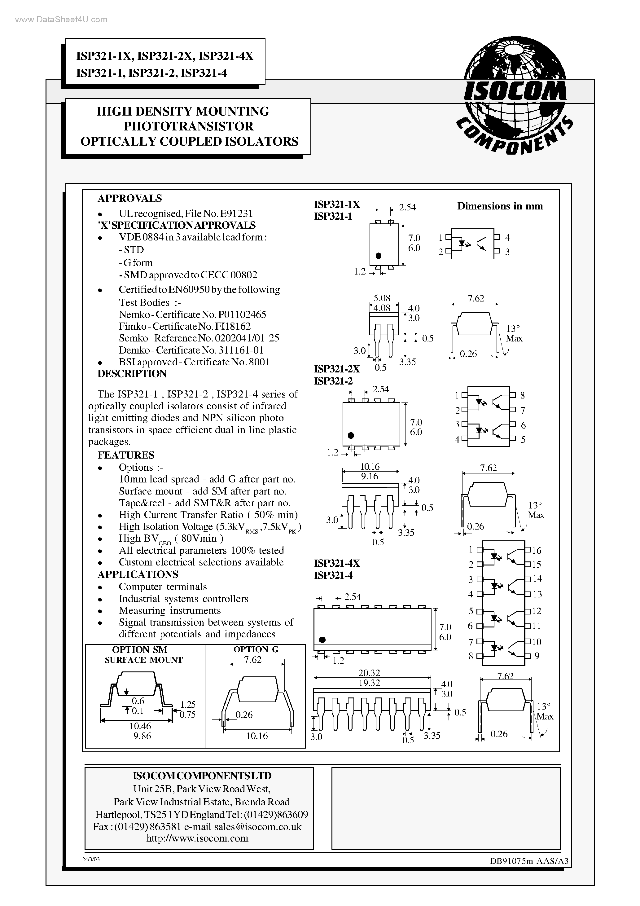Datasheet ISP321-1 - (ISP321-xx) HIGH DENSITY MOUNTING PHOTOTRANSISTOR OPTICALLY COUPLED ISOLATORS page 1