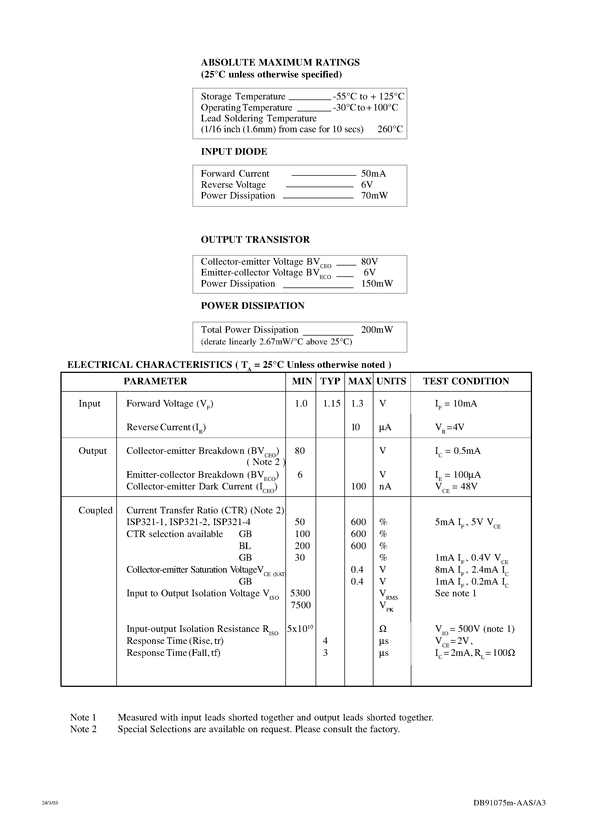 Datasheet ISP321-1 - (ISP321-xx) HIGH DENSITY MOUNTING PHOTOTRANSISTOR OPTICALLY COUPLED ISOLATORS page 2