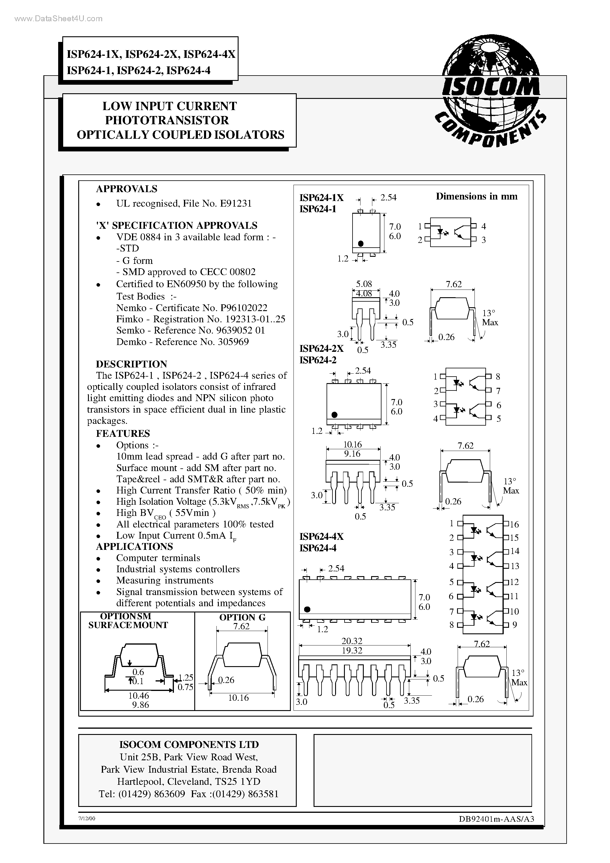 Datasheet ISP624-1 - (ISP624-xx) LOW INPUT CURRENT PHOTOTRANSISTOR OPTICALLY COUPLED ISOLATORS page 1
