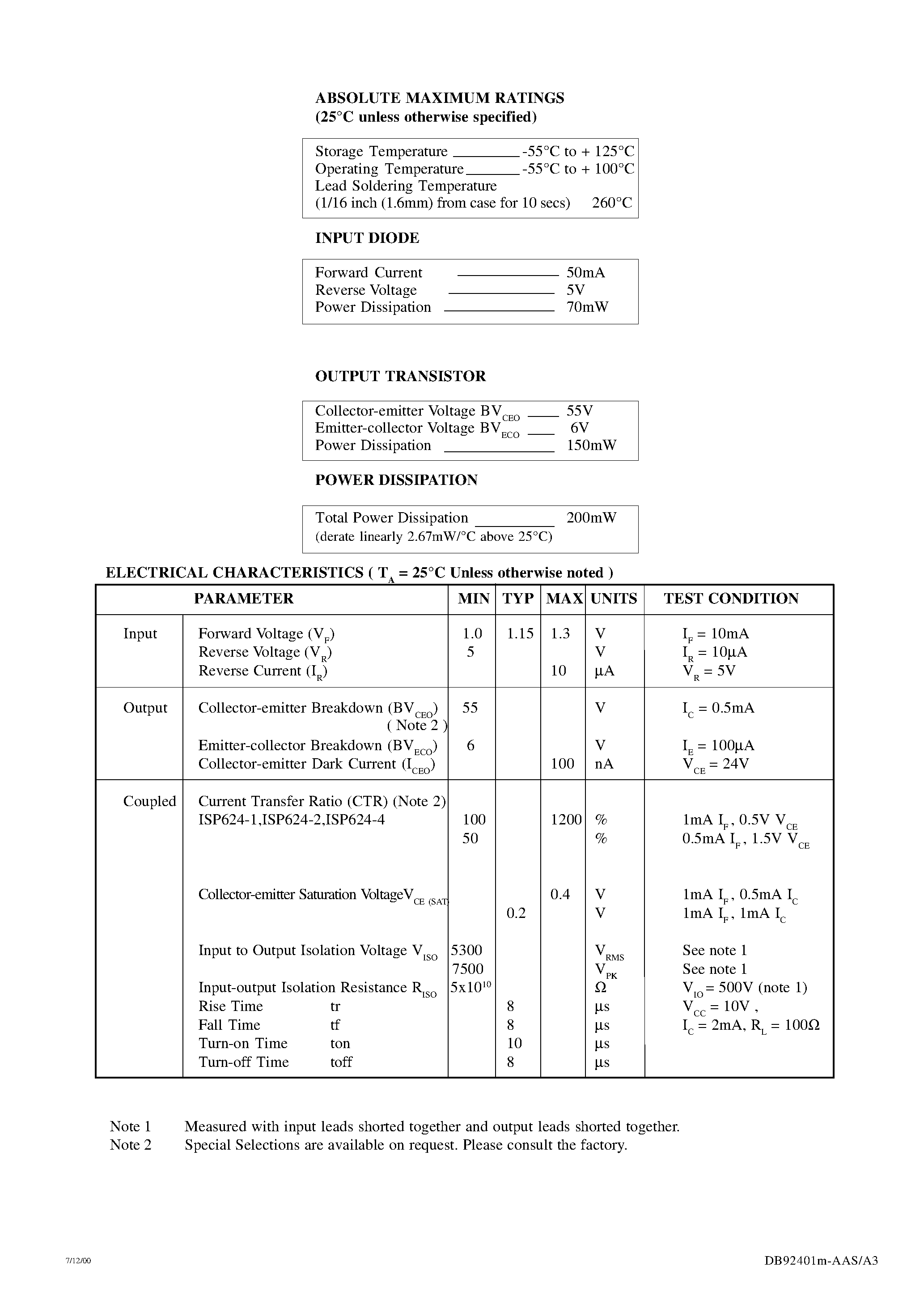 Datasheet ISP624-1 - (ISP624-xx) LOW INPUT CURRENT PHOTOTRANSISTOR OPTICALLY COUPLED ISOLATORS page 2